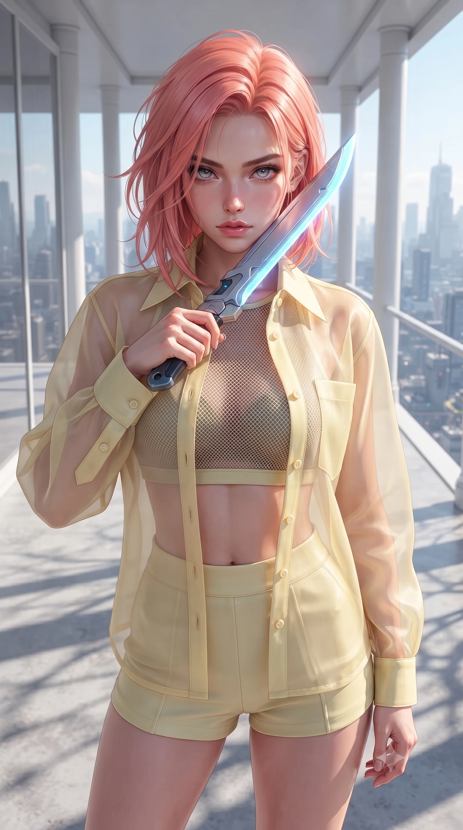 score_9, masterpiece, best quality, ultra-detailed, high-budget anime keyframe, editorial fashion photography, tasteful artistic composition, Japanese woman. close-up cowboy shot from the waist and thighs up, the character dominates the composition, filling the frame with her large presence, background elements kept in soft focus. pressing the flat side of a glowing vibro-blade against her cheek, locking eyes with the viewer with bedroom-eyes, the background shows a soft-focus a cleanroom veranda with white columns, looking out at a high-tech city skyline. She has an exceptionally elegant, slender, and willowy female figure with an ultra-slim waist, a gracefully sculpted slender torso, and a refined silhouette. sharp v-shaped jawline, high-bridge nose, intricate jewel-like eyes with depth, thick eyelashes, glossy lips with a natural sheen. wearing a tailored sheer organza combat shirt in pale yellow, worn open over a carbon-mesh crop top and micro-shorts. bright morning sun rays creating fresh and energetic shadows on the concrete. ultra-reflective glossy finish, specular highlights, metallic sheen, high-contrast stereoscopic depth, volumetric dynamic lighting, 2k, ultra detail, master piece, 9:16 ratio