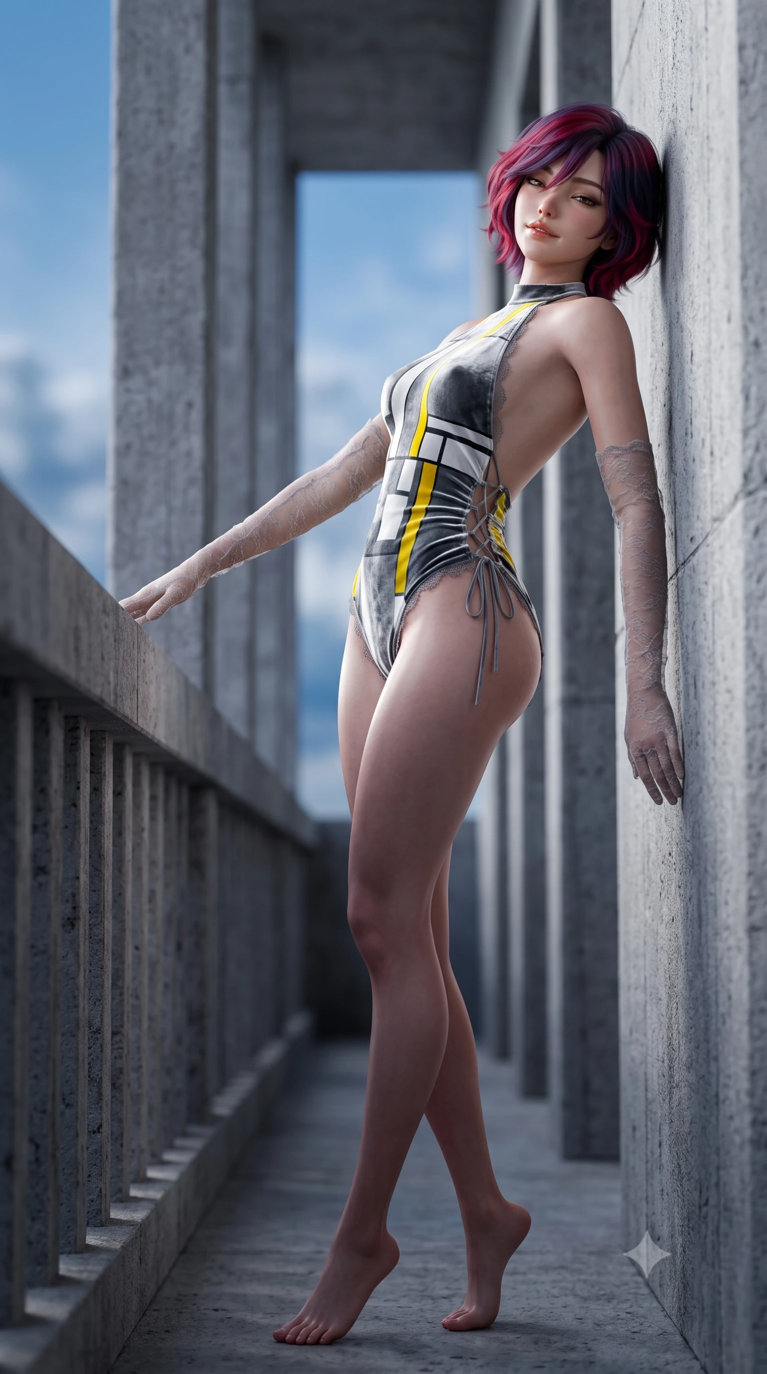 score_9, masterpiece, best quality, ultra-detailed, high-budget anime keyframe, semi-realistic 3D game render, editorial fashion photography, tasteful artistic composition, Korean woman. low angle full-body shot from head to toe showing her feet, filling the entire 9:16 vertical frame with her statuesque presence, stretching her vertical silhouette. leaning deep against the balcony balustrade with hips cocked back in an unapologetically alluring high-fashion stance, casting an intoxicating glance while leaning back against the raw textured concrete wall with hips cocked back, casting a smoldering, heavy-lidded smile. The background shows a soft-focus colossal raw concrete pillars receding into geometric perspective and clear blue sky blurred into cool slate, bone, and sapphire bokeh. She has an absolutely perfect, statuesque 8.5-heads proportion, an exceptionally tall and slender model-like female figure with impossibly long slender legs, an ultra-slim waist, a flat toned midriff, narrow delicate ribcage, and beautifully sculpted feminine hips creating a graceful, slim hourglass silhouette without any bulky heaviness. sharp v-shaped jawline, high-bridge nose, sparkling eyes with hypnotic seductive depth, thick curled eyelashes, glossy parted lips with a natural dewy peach sheen, alluring bedroom-eyes with an enchanting coquettish smile, exuding magnetic siren charisma and sophisticated glamour, flawlessly proportioned anatomical accuracy, strict slender model proportions, natural body alignment, perfectly sculpted long slender limbs, ultra-slim waistline, clean dynamic posture without body distortion. wearing a slinky backless halterneck velvet leotard with scalloped eyelash lace hems and sheer lace-up side ties in Bauhaus optic white and concrete grey with primary yellow accents, tailored from ultra-plush velvet with rich tactile depth and deep shadow gradients, complemented by sheer opera-length lace evening gloves tracing her slender arms, the liquid-tight tailored fabric clinging flawlessly to her narrow waist and rounded feminine hips, emphasizing every millimeter of her sculpted slim hourglass curves without any bulky heaviness. illuminated by concrete bounce fill and sharp platinum-white rim lights sculpting her jawline, flat midriff, and curvaceous hips. highly saturated vibrant anime colors, detailed shading with soft gradients, rich glossy textures, high-contrast stereoscopic depth, volumetric dynamic lighting, master piece, 9:16 ratio