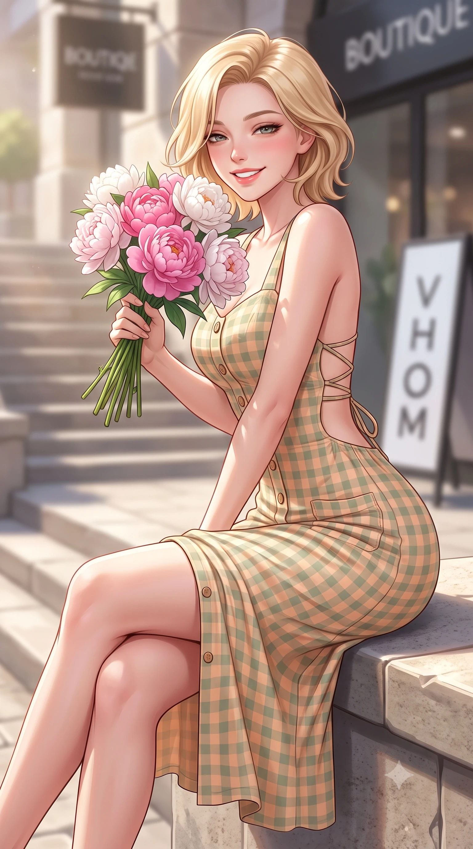 score_9, masterpiece, best quality, ultra-detailed, high-budget anime keyframe, semi-realistic 3D game render, editorial fashion photography, tasteful artistic composition, Caucasian woman. close-up cowboy shot from the waist and thighs up, the character dominates the composition, filling the frame with her large presence. leaning forward with playful cute grace while arching her lower back to accentuate her curvy hips, looking into the camera with a bright cheerful smile and alluring coquettish bedroom-eyes while sitting perched on the boutique terrace ledge with legs crossed, holding a bouquet of fresh peonies with a radiant, coquettish expression. The composition keeps background elements in soft focus with dreamy creamy bokeh. sun-dappled stone steps and modern boutique signage softened in stylish urban shallow focus. She has an exceptionally elegant, slender, and willowy female figure with an ultra-slim waist, flat toned midriff, narrow ribcage, and sculpted feminine hips creating an alluring, slim hourglass silhouette without bulk. sharp v-shaped jawline, high-bridge nose, intricate jewel-like sparkling eyes with depth, thick eyelashes, glossy parted lips with a natural peach sheen, bright cheerful beaming smile with an enchanting and coquettish sensual glint, exuding both youthful cute charm and seductive allure, flawlessly proportioned anatomical accuracy, strict slender model proportions, natural body alignment, perfectly sculpted long slender limbs, ultra-slim waistline, clean dynamic posture without body distortion. wearing a backless lace-up gingham sundress with a form-fitting bodice and hip-defining silhouette in soft apricot and sage green, crafted from soft breathable linen with effortless natural drape, finished with neat front wooden buttons and delicate pocket details, the precision-cut side openings and low-back scoop framing her graceful spine and the sensual sweep of her slim, toned hips. illuminated by crisp directional highlights accentuating her sculpted midriff, narrow waist, and curvy hips. highly saturated vibrant anime colors, detailed shading with soft gradients, rich glossy textures, high-contrast stereoscopic depth, volumetric dynamic lighting, master piece, 9:16 ratio