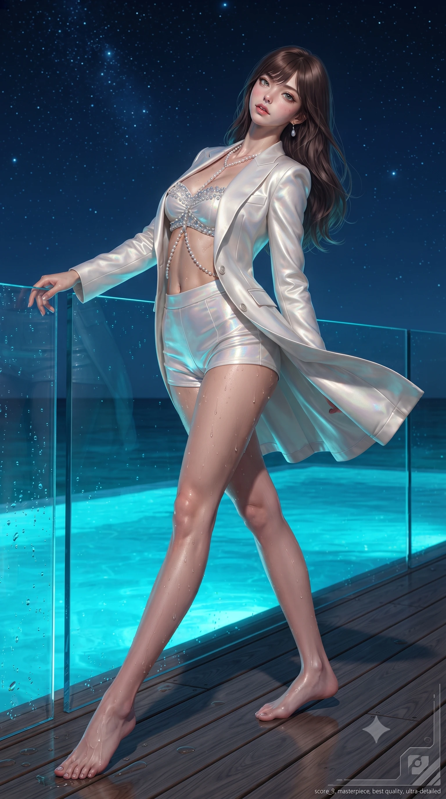 score_9, masterpiece, best quality, ultra-detailed, high-budget anime keyframe, editorial fashion photography, tasteful artistic composition, Korean woman. low angle full-body shot from head to toe showing her feet, filling the entire 9:16 vertical frame with her statuesque presence, stretching her vertical silhouette. executing a slow, graceful pivot turn as her skirt sways around her slender legs, glancing back with an enchanting, teasing sensual expression while leaning over the glass infinity rim with hips cocked back, looking out into the starlit Indian Ocean with smoldering bedroom-eyes. The surrounding environment is rendered in vivid detail and crisp panoramic clarity: sharp transparent acrylic panel bevels, water droplets beading on toned sun-kissed skin, and teak timber decking grain in deep focus. She has an absolutely perfect, statuesque 8.5-heads proportion, an exceptionally tall and slender model-like female figure with impossibly long slender legs, an ultra-slim waist, a flat toned midriff, narrow delicate ribcage, and beautifully sculpted feminine hips creating a graceful, slim hourglass silhouette without any bulky heaviness. sharp v-shaped jawline, high-bridge nose, sparkling eyes with hypnotic seductive depth, thick curled eyelashes, glossy parted lips with a natural dewy peach sheen, alluring bedroom-eyes with an enchanting coquettish smile, exuding magnetic siren charisma and sophisticated glamour, flawlessly proportioned anatomical accuracy, strict slender model proportions, natural body alignment, perfectly sculpted long slender limbs, ultra-slim waistline, clean dynamic posture without body distortion. wearing a tailored open-front satin smoking jacket worn over a jewel-embellished bandeau and micro-shorts in pure alabaster with iridescent mother-of-pearl sheen, tailored from fine structural neoprene with crisp architectural edges and smooth contouring, accented with a pearl-drop body harness subtly framing her dewy collarbones and spine, the second-skin tailored fabric adhering flawlessly to her sculpted flat midriff and slender torso, emphasizing her long leg lines and perfectly proportioned willowy build. bathed in supernatural glowing neon-cyan light radiating upward from bioluminescent lagoon waters mixed with celestial starlight. ultra-reflective glossy finish, specular highlights, rich textural contrasts, high-contrast stereoscopic depth, volumetric dynamic lighting, 2k, ultra detail, master piece, 9:16 ratio