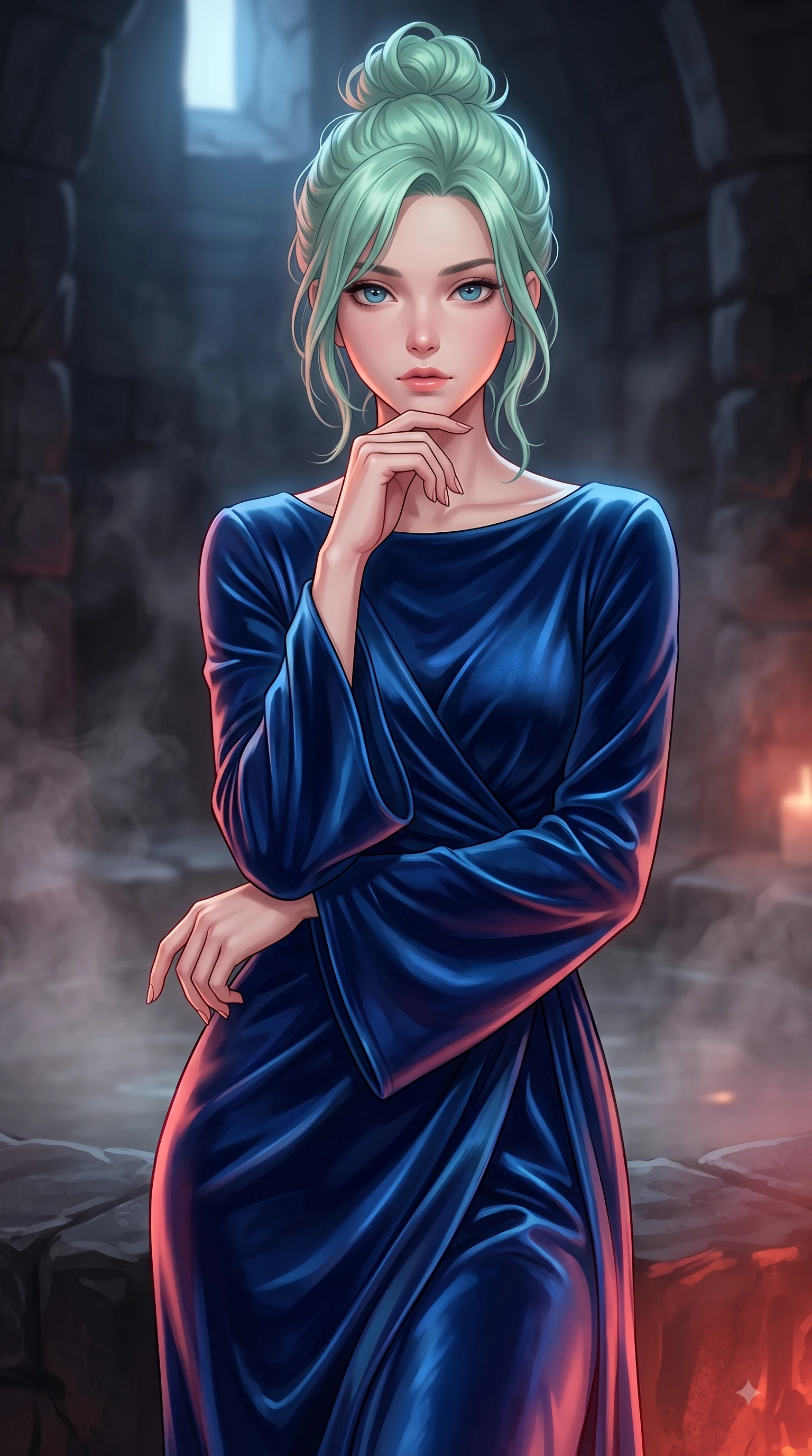 score_9, masterpiece, best quality, ultra-detailed, high-budget anime keyframe, editorial fashion photography, tasteful artistic composition, Japanese woman woman. close-up cowboy shot from the waist and thighs up, the character dominates the composition, filling the frame with her large presence, background elements kept in soft focus. She has an exceptionally elegant, slender, and willowy female figure with an ultra-slim waist, a gracefully sculpted slender torso, and a refined silhouette. resting her chin on the back of her fingers in a thoughtful and effortless pose, flawlessly proportioned anatomical accuracy, natural body alignment, perfectly sculpted elegant limbs, clean dynamic posture without body distortion. set against a soft-focus background of a dark basalt thermal bath chamber with rising mineral steam. wearing a luxurious velvet wrap gown with long bell sleeves and a modest boat neckline. bathed in warm crimson furnace glow from below contrasting with cool top ambient light. highly saturated vibrant anime colors, detailed shading with soft gradients, rich glossy textures, high-contrast stereoscopic depth, volumetric dynamic lighting, master piece, 9:16 ratio
