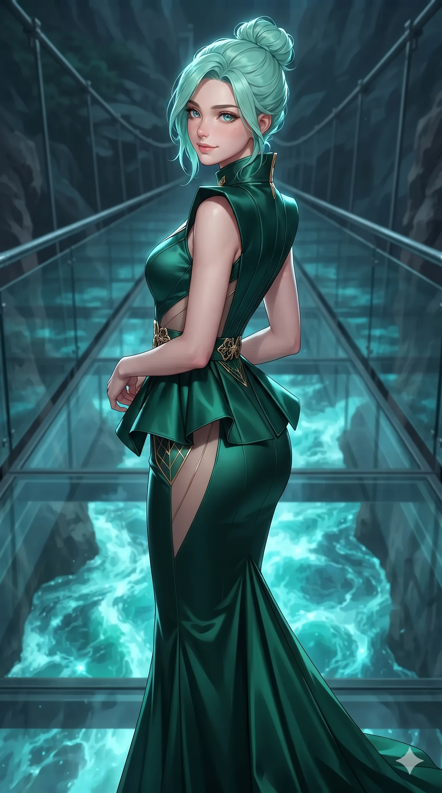 score_9, masterpiece, best quality, ultra-detailed, high-budget anime keyframe, editorial fashion photography, tasteful artistic composition, Japanese woman. close-up cowboy shot from the waist and thighs up, the character dominates the composition, filling the frame with her large presence. twisting her slender torso in a deep contrapposto stance, hips dramatically shifted to accentuate her feminine curves while looking past her shoulder with smoldering bedroom-eyes while walking slowly along the suspended glass-bottom bridge, looking back over her shoulder with an air of effortless grace and an alluring, smoldering smile as glowing turquoise water rushes below. The surrounding environment is rendered in vivid detail and crisp panoramic clarity: detailed mermaid gown tailoring, open-back leather harness straps, and monumental aquatic architecture in razor-sharp clarity. She has an exceptionally elegant, slender, and willowy female figure with an ultra-slim waist, flat toned midriff, narrow ribcage, and sculpted feminine hips creating an alluring, slim hourglass silhouette without bulk. sharp v-shaped jawline, high-bridge nose, intricate jewel-like sparkling eyes with depth, thick eyelashes, glossy parted lips with a natural sheen, intensely captivating and seductive bedroom-eyes expression, exuding both youthful cute charm and sovereign luxury allure, flawlessly proportioned anatomical accuracy, strict slender model proportions, natural body alignment, perfectly sculpted long slender limbs, ultra-slim waistline, clean dynamic posture without body distortion. wearing a structural geometric peplum gown with sheer side-ribbon cutouts and form-fitting skirt in deep emerald green satin and gold hardware accents, made of delicate semi-sheer French Chantilly lace with intricate eyelash edges, finished with sleek jade frog closures glinting along her high collar, the bespoke structured tailoring following the natural line of her 8.5-heads silhouette with refined elegance. illuminated by glass floor bounce and sharp turquoise-platinum rim lights defining her razor-sharp jawline, narrow waist, and curvy hips. ultra-reflective glossy finish, specular highlights, rich textural contrasts, high-contrast stereoscopic depth, volumetric dynamic lighting, 2k, ultra detail, master piece, 9:16 ratio