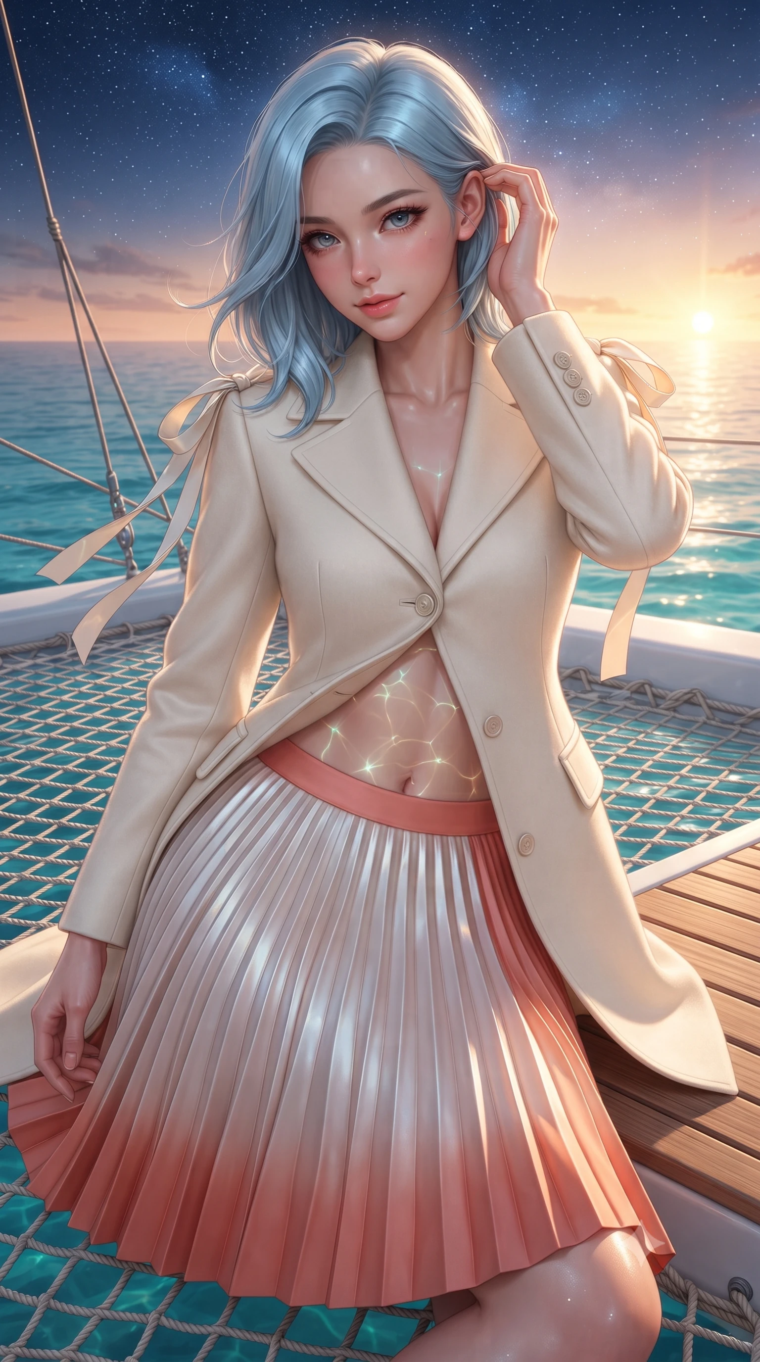 score_9, masterpiece, best quality, ultra-detailed, high-budget anime keyframe, editorial fashion photography, tasteful artistic composition, Korean woman. close-up cowboy shot from the waist and thighs up, the character dominates the composition, filling the frame with her large presence. gently brushing a lock of hair behind her ear while casting a playful, flirtatious side-gaze with long eyelashes while twisting her slender torso in an alluring S-curve on the overwater netting, glowing lagoon water caustics dancing across her flat midriff and curves. The surrounding environment is rendered in vivid detail and crisp panoramic clarity: sharp nautical catamaran net woven rope weave, bleached sun-baked teak plank grain, and crystal water surface caustics in deep focus. She has an exceptionally elegant, slender, and willowy female figure with an ultra-slim waist, flat toned midriff, narrow ribcage, and sculpted feminine hips creating an alluring, slim hourglass silhouette without bulk. sharp v-shaped jawline, high-bridge nose, intricate jewel-like sparkling eyes with depth, thick eyelashes, glossy parted lips with a natural peach sheen, bright cheerful beaming smile with an enchanting and coquettish sensual glint, exuding both youthful cute charm and seductive allure, flawlessly proportioned anatomical accuracy, strict slender model proportions, natural body alignment, perfectly sculpted long slender limbs, ultra-slim waistline, clean dynamic posture without body distortion. wearing a tailored double-faced ivory wool riding coat paired with an A-line accordion pleated midi skirt in North Malé sandbank mother-of-pearl and warm coral blush, crafted from bespoke double-faced cashmere with an exceptionally soft tactile finish, finished with satin ribbon ties at the shoulders fluttering in the gentle breeze, the bespoke structured tailoring following the natural line of her 8.5-heads silhouette with refined elegance. bathed in the warm radiant 2800K tropical sunset glow transitioning into star-filled Indian Ocean night. ultra-reflective glossy finish, specular highlights, rich textural contrasts, high-contrast stereoscopic depth, volumetric dynamic lighting, 2k, ultra detail, master piece, 9:16 ratio