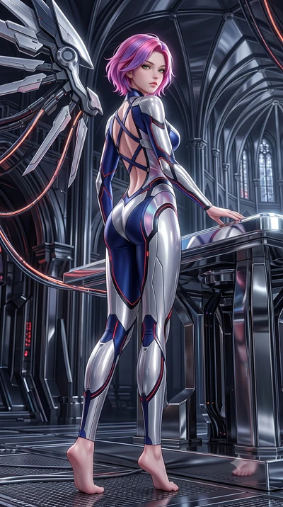 score_9, masterpiece, best quality, ultra-detailed, high-budget anime keyframe, editorial fashion photography, tasteful artistic composition, Caucasian woman. low angle full-body shot from head to toe showing her feet, filling the entire 9:16 vertica