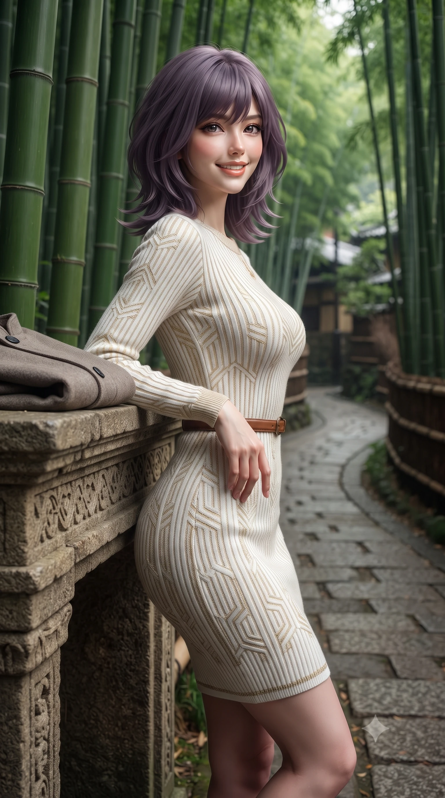 score_9, masterpiece, best quality, ultra-detailed, high-budget anime keyframe, editorial fashion photography, tasteful artistic composition, Japanese woman. close-up cowboy shot from the waist and thighs up, the character dominates the composition, filling the frame with her large presence. leaning gracefully against the carved mantelpiece with one hand on her hip, showcasing her slender waist and feminine posture while standing poised between towering emerald bamboo stalks, looking back along the stone pathway with an enchanting, radiant smile. The surrounding environment is rendered in vivid detail and crisp panoramic clarity: detailed stand-collar wool jacket tailoring, minimalist button placket, and historic Kyoto trail craft in high resolution. She has an exceptionally elegant, slender, and willowy female figure with an ultra-slim waist, flat toned midriff, narrow ribcage, and sculpted feminine hips creating an alluring, slim hourglass silhouette without bulk. sharp v-shaped jawline, high-bridge nose, intricate jewel-like sparkling eyes with depth, thick eyelashes, glossy parted lips with a natural peach sheen, bright cheerful beaming smile with an enchanting and coquettish sensual glint, exuding both youthful cute charm and seductive allure, flawlessly proportioned anatomical accuracy, strict slender model proportions, natural body alignment, perfectly sculpted long slender limbs, ultra-slim waistline, clean dynamic posture without body distortion. wearing a form-contouring Art Deco geometric patterned knit bodycon dress hugging her slender frame with golden thread accents in Swiss alpine snow white and oat cashmere, crafted from liquid-tight stretch cashmere knit clinging flawlessly to every curve with silky softness, finished with a slim equestrian bridle-leather belt cinched tightly at the narrowest point of her waist, the form-contouring silhouette accentuating her sculpted flat midriff, narrow delicate ribcage, and gracefully curvy hips with intoxicating allure. illuminated by soft green foliage bounce and crisp jade-gold rim lights sculpting her razor-sharp jawline and tall willowy frame. ultra-reflective glossy finish, specular highlights, rich textural contrasts, high-contrast stereoscopic depth, volumetric dynamic lighting, 2k, ultra detail, master piece, 9:16 ratio