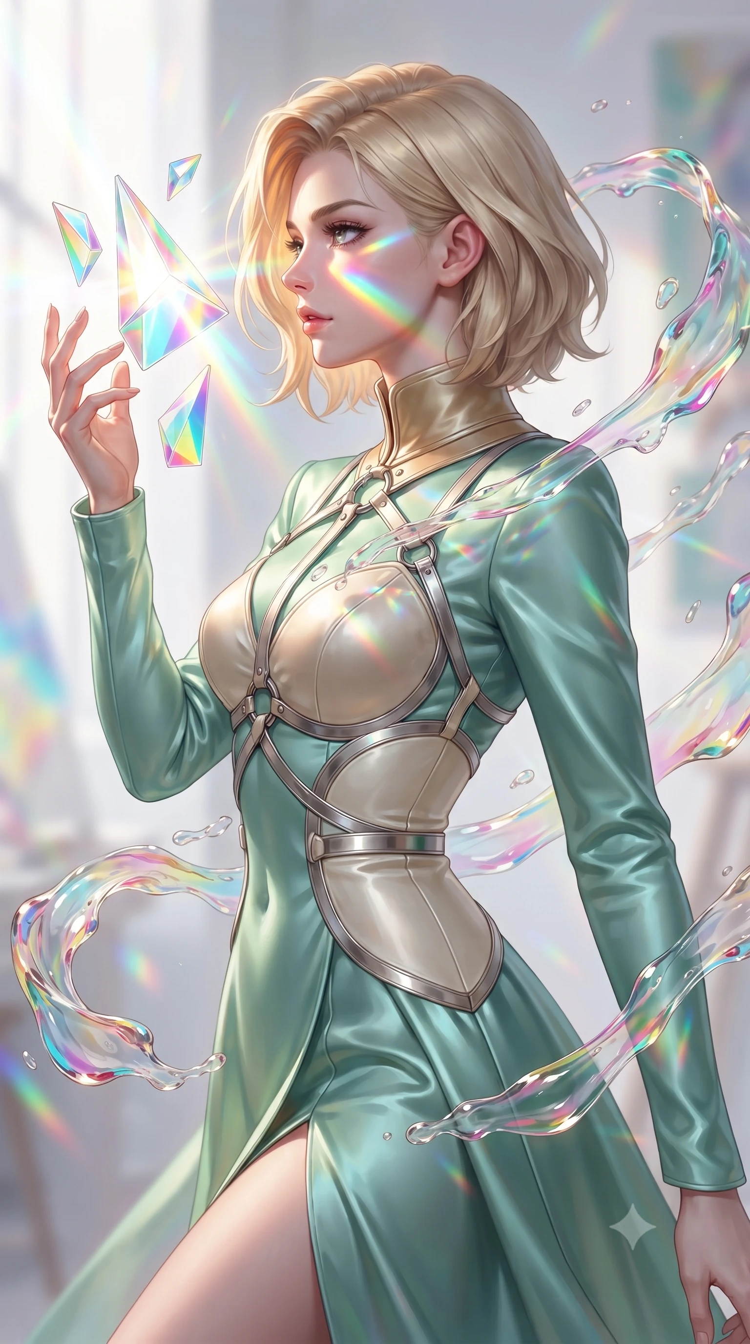 score_9, masterpiece, best quality, ultra-detailed, high-budget anime keyframe, editorial fashion photography, tasteful artistic composition, Caucasian woman. close-up cowboy shot from the waist and thighs up, the character dominates the composition, filling the frame with her large presence, background elements kept in soft focus. Turning her face in sharp dramatic profile against the radiant light, interacting with floating glass prisms that refract liquid light into rainbows, translucent liquid acrylic trails creating dynamic motion paths. She has an exceptionally elegant, slender, and willowy female figure with an ultra-slim waist, a gracefully sculpted slender torso, and a refined silhouette. sharp v-shaped jawline, high-bridge nose, intricate jewel-like eyes with depth, thick eyelashes, glossy lips with a natural sheen. wearing long-sleeved seafoam green satin gown with high structured collar in champagne gold, made of polished ivory leather, highlighted by a platinum metallic harness structure, sculpting her athletic slender build with refined precision. drenched in bright white key light with colorful prismatic rim lighting. highly saturated vibrant anime colors, detailed shading with soft gradients, rich glossy textures, high-contrast stereoscopic depth, volumetric dynamic lighting, master piece, 9:16 ratio