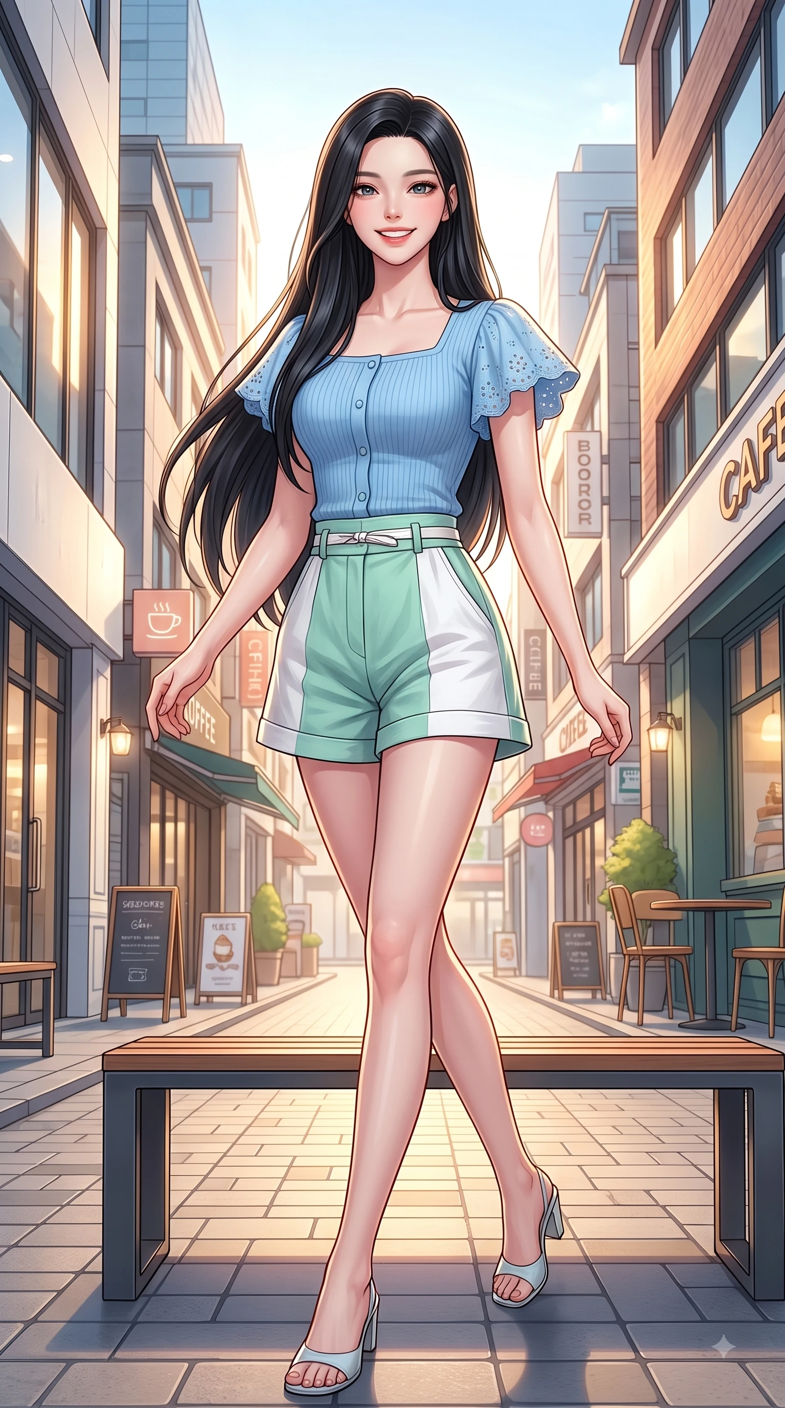 score_9, masterpiece, best quality, ultra-detailed, high-budget anime keyframe, editorial fashion photography, tasteful artistic composition, Korean woman. low angle full-body shot from head to toe showing her feet, filling the entire 9:16 vertical frame with her statuesque presence, stretching her vertical silhouette. performing a cheerful mid-motion turn with flawless poise, her radiant smile capturing fresh girlhood energy while resting on a sleek modern outdoor bench outside a trendy dessert cafe with a joyful expression. The surrounding environment is rendered in vivid detail and crisp panoramic clarity. crisp sunlight highlights filtering between stylish Seongsu boutiques and modern cafes. She has an absolutely perfect, statuesque 8.5-heads proportion, an exceptionally tall and slender model-like female figure with impossibly long slender legs and an ultra-slim waist. sharp v-shaped jawline, high-bridge nose, intricate jewel-like eyes with depth, thick eyelashes, glossy lips with a natural sheen, flawlessly proportioned anatomical accuracy, natural body alignment, perfectly sculpted elegant limbs, clean dynamic posture without body distortion. wearing a sky-blue ribbed short-sleeve cardigan with high-waist linen shorts and a dainty waist sash in refreshing mint green and crisp white, woven with delicate eyelet lace and soft cotton, featuring elegant flutter sleeves and a graceful square neckline, the relaxed yet flattering fit accentuating her naturally graceful and slender figure. bathed in bright golden hour sunshine and warm urban ambient illumination. highly saturated vibrant anime colors, detailed shading with soft gradients, rich glossy textures, high-contrast stereoscopic depth, volumetric dynamic lighting, master piece, 9:16 ratio