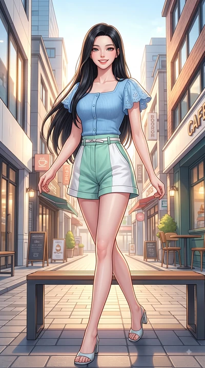 score_9, masterpiece, best quality, ultra-detailed, high-budget anime keyframe, editorial fashion photography, tasteful artistic composition, Korean woman. low angle full-body shot from head to toe showing her feet, filling the entire 9:16 vertical f