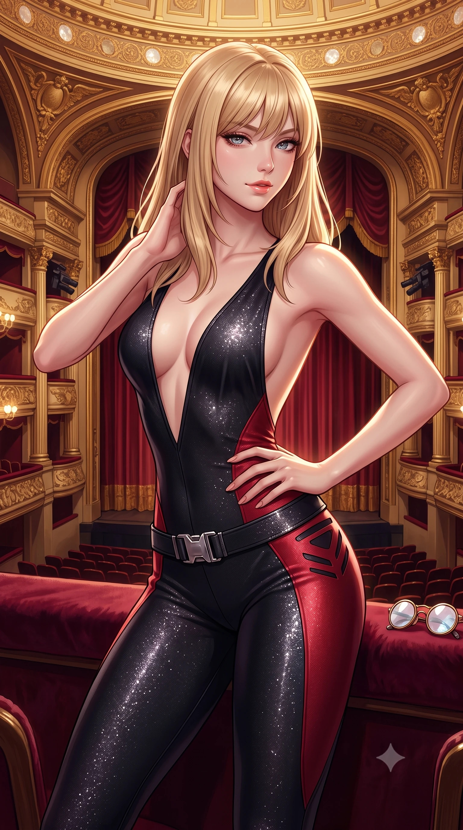 score_9, masterpiece, best quality, ultra-detailed, high-budget anime keyframe, semi-realistic 3D game render, editorial fashion photography, tasteful artistic composition, Japanese woman. close-up cowboy shot from the waist and thighs up, the character dominates the composition, filling the frame with her large presence. twisting her slender torso in an alluring contrapposto stance, one hand resting on her sculpted hip while her fingers toy with her hair with effortless poise while leaning against the plush velvet box ledge with hips cocked back, looking over the horseshoe auditorium with smoldering bedroom-eyes. The surrounding environment is rendered in vivid detail and crisp panoramic clarity: sharp deep-pile velvet fabric texture, gilded wood relief carvings, and mother-of-pearl opera glass clarity in deep focus. She has an exceptionally elegant, slender, and willowy female figure with an ultra-slim waist, flat toned midriff, narrow ribcage, and sculpted feminine hips creating an alluring, slim hourglass silhouette without bulk. sharp v-shaped jawline, high-bridge nose, sparkling eyes with hypnotic seductive depth, thick curled eyelashes, glossy parted lips with a natural dewy peach sheen, alluring bedroom-eyes with an enchanting coquettish smile, exuding magnetic siren charisma and sophisticated glamour, flawlessly proportioned anatomical accuracy, strict slender model proportions, natural body alignment, perfectly sculpted long slender limbs, ultra-slim waistline, clean dynamic posture without body distortion. wearing a backless plunge-front second-skin stealth jumpsuit with fluid tapered legs and laser-cut hip ventilation in matte obsidian black and tactical crimson red with gunmetal hardware, woven from stretch metallic lurex jersey casting radiant starlight glints across her silhouette, accented with a quick-release tactical chrome buckle harness resting snugly across her hips, the glove-like clinging cut tightly following the natural contour of her hips and long slender legs with youthful 8.5-heads elegance. illuminated by velvet bounce fill and sharp warm-gold rim lights defining her delicate clavicles, narrow waist, and curvaceous hips. highly saturated vibrant anime colors, detailed shading with soft gradients, rich glossy textures, high-contrast stereoscopic depth, volumetric dynamic lighting, master piece, 9:16 ratio