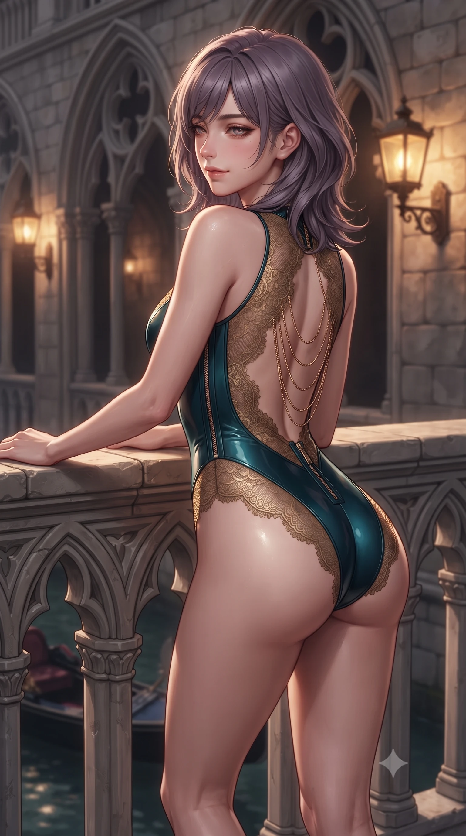 score_9, masterpiece, best quality, ultra-detailed, high-budget anime keyframe, editorial fashion photography, tasteful artistic composition, Japanese woman. close-up cowboy shot from the waist and thighs up, the character dominates the composition, filling the frame with her large presence. leaning back against the balustrade with relaxed seductive grace, head tilted back slightly while casting a hypnotic, heavy-lidded gaze while leaning against the gothic pointed-arch stone portal with hips cocked back, looking over a bare shoulder toward passing gondolas. The background shows a soft-focus gothic stone tracery arches softened in romantic maritime historical shallow focus. She has an exceptionally elegant, slender, and willowy female figure with an ultra-slim waist, flat toned midriff, narrow ribcage, and sculpted feminine hips creating an alluring, slim hourglass silhouette without bulk. sharp v-shaped jawline, high-bridge nose, sparkling eyes with hypnotic seductive depth, thick curled eyelashes, glossy parted lips with a natural dewy peach sheen, alluring bedroom-eyes with an enchanting coquettish smile, exuding magnetic siren charisma and sophisticated glamour, flawlessly proportioned anatomical accuracy, strict slender model proportions, natural body alignment, perfectly sculpted long slender limbs, ultra-slim waistline, clean dynamic posture without body distortion. wearing a form-contouring wet-look neoprene zip-front maillot with high-cut leg openings and racing side stripes in deep peacock teal and burnished antique brass, made of delicate semi-sheer French Chantilly lace with intricate eyelash edges, accented with an open-back drape framed by falling strands of delicate gold chains, the precision-cut side openings and low-back scoop framing her graceful spine and the sensual sweep of her slim, toned hips. bathed in the warm golden light of antique brass lanterns mounted on stone walls. ultra-reflective glossy finish, specular highlights, rich textural contrasts, high-contrast stereoscopic depth, volumetric dynamic lighting, 2k, ultra detail, master piece, 9:16 ratio