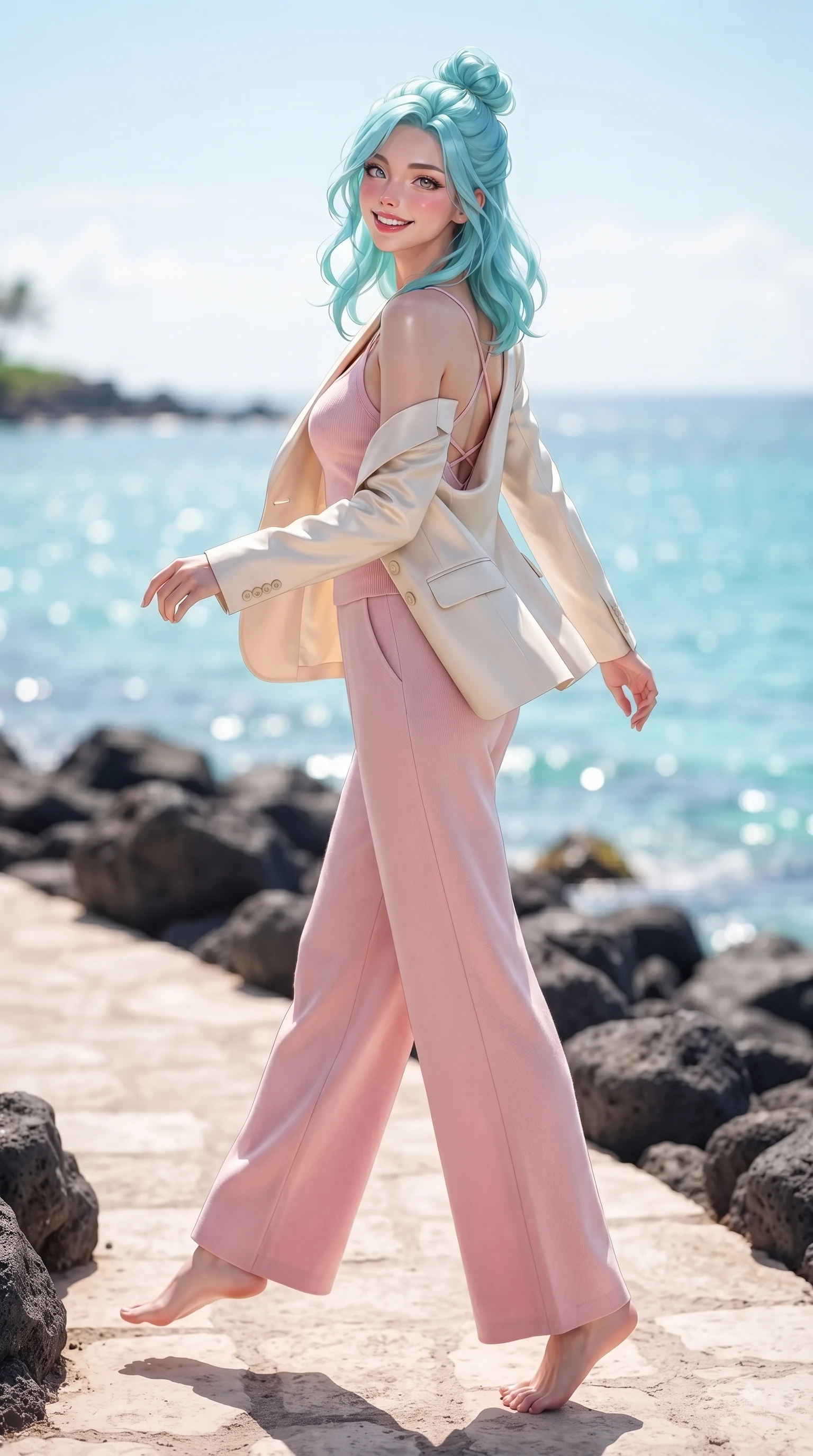 score_9, masterpiece, best quality, ultra-detailed, high-budget anime keyframe, editorial fashion photography, tasteful artistic composition, Japanese woman. low angle full-body shot from head to toe showing her feet, filling the entire 9:16 vertical frame with her statuesque presence, stretching her vertical silhouette. performing a cheerful mid-motion turn with flawless poise, her radiant smile capturing fresh girlhood energy while strolling along a sun-drenched island path with the sparkling sea stretching into the distance. The composition keeps background elements in soft focus with dreamy bokeh. dark basalt rocks and clear blue skies softened with a gentle background blur. She has an absolutely perfect, statuesque 8.5-heads proportion, an exceptionally tall and slender model-like female figure with impossibly long slender legs and an ultra-slim waist. sharp v-shaped jawline, high-bridge nose, intricate jewel-like eyes with depth, thick eyelashes, glossy lips with a natural sheen, flawlessly proportioned anatomical accuracy, natural body alignment, perfectly sculpted elegant limbs, clean dynamic posture without body distortion. wearing a tailored cream silk blazer over a fitted scoop-neck camisole and slacks in bright cherry blossom pink and champagne, knitted from soft cozy cashmere yarn, finished with delicate criss-cross back straps highlighting her bare shoulders, the sleek second-skin texture accentuating her magnetic presence. bathed in bright tropical sunshine and glittering ocean water refractions. ultra-reflective glossy finish, specular highlights, metallic sheen, high-contrast stereoscopic depth, volumetric dynamic lighting, 2k, ultra detail, master piece, 9:16 ratio