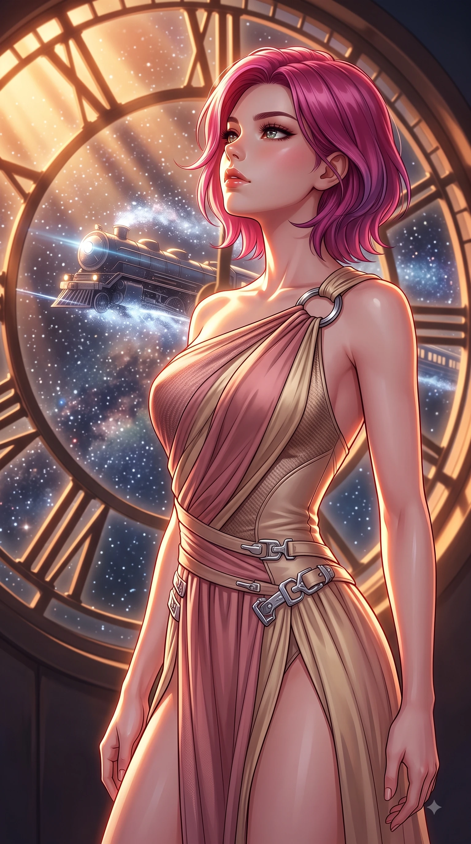 score_9, masterpiece, best quality, ultra-detailed, high-budget anime keyframe, editorial fashion photography, tasteful artistic composition, Caucasian woman. close-up cowboy shot from the waist and thighs up, the character dominates the composition, filling the frame with her large presence, background elements kept in soft focus. Tilting her chin up with composed magnetism as dramatic side lighting traces her sculpted waist and hip contour while gazing out a circular clock window at a galaxy express train passing through starlight mist, dramatic twilight amber light streaming through the giant clock window in bold beams. She has an exceptionally elegant, slender, and willowy female figure with an ultra-slim waist, a gracefully sculpted slender torso, and a refined silhouette. sharp v-shaped jawline, high-bridge nose, intricate jewel-like eyes with depth, thick eyelashes, glossy lips with a natural sheen, flawlessly proportioned anatomical accuracy, natural body alignment, perfectly sculpted elegant limbs, clean dynamic posture without body distortion. wearing an asymmetrical Grecian draped chiffon gown with a metallic shoulder ring in dusty rose and champagne gold, made of fine carbon-fiber weave and soft matte leather, detailed with polished silver buckles along the waistline, the elegant draped fit framing her graceful clavicle and slender torso. bathed in warm twilight amber backlighting and rich metallic specular glow. highly saturated vibrant anime colors, detailed shading with soft gradients, rich glossy textures, high-contrast stereoscopic depth, volumetric dynamic lighting, master piece, 9:16 ratio