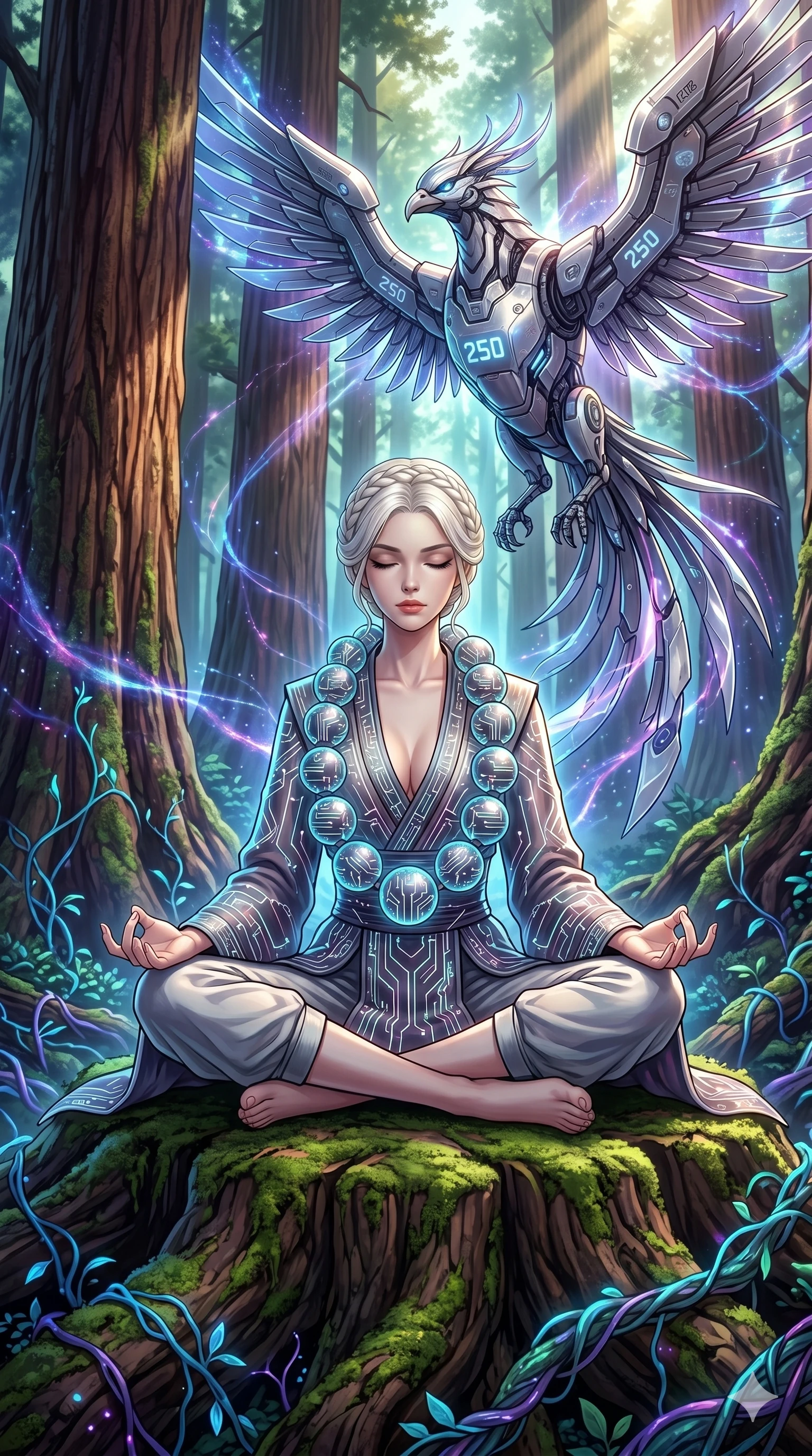score_9, masterpiece, best quality, ultra-detailed, Set A: High-budget Anime Keyframe, Korean woman. Low angle cowboy shot filling the entire 9:16 frame with her statuesque presence. Theme: Abstract Cosmic. meditating in a giant redwood forest with glowing vines, while a mechanical phoenix rises in the background marked 250. The atmosphere is filled with cinematic sunlight through leaves. She has an absolutely perfect 8-heads proportion, an exceptionally tall and slender female figure with impossibly long slender legs and an ultra-slim waist. Sharp v-shaped jawline, high-bridge nose, intricate jewel-like eyes with depth, glossy lips. Wearing Cyber-monk robes with glowing circuit-patterned prayer beads and a deep V-cut. Cinematic lighting, vivid colors, dramatic shadows, 2k, ultra detail, master piece, 9:16 ratio