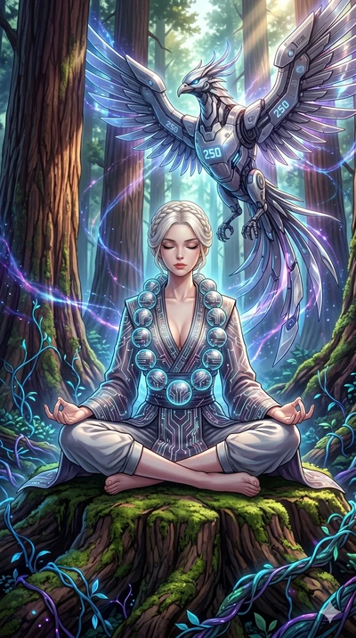 score_9, masterpiece, best quality, ultra-detailed, Set A: High-budget Anime Keyframe, Korean woman. Low angle cowboy shot filling the entire 9:16 frame with her statuesque presence. Theme: Abstract Cosmic. meditating in a giant redwood forest with g