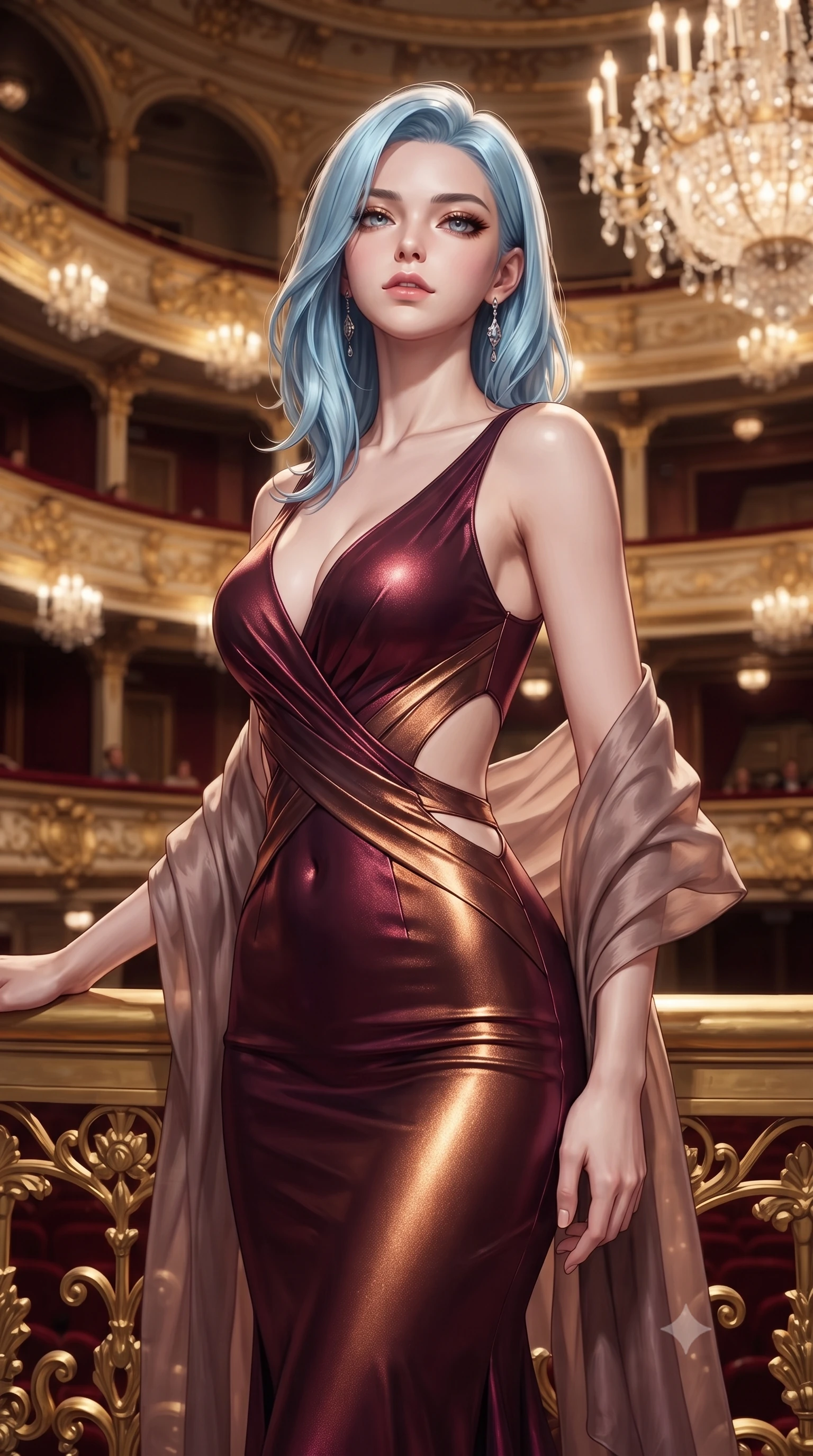 score_9, masterpiece, best quality, ultra-detailed, high-budget anime keyframe, editorial fashion photography, tasteful artistic composition, Korean woman. close-up cowboy shot from the waist and thighs up, the character dominates the composition, filling the frame with her large presence. tilting her chin up with proud, sovereign confidence while gazing directly into the lens with thick, dark eyelashes while standing poised on a lavish gilded balcony overlooking a grand opera house bathed in cascading crystal chandelier light. The composition keeps background elements in soft focus with creamy bokeh. cascading crystal chandeliers and multi-tiered gilded theater balconies blurred into radiant diamond, ruby, and gold bokeh. She has an exceptionally elegant, slender, and willowy female figure with an ultra-slim waist, a gracefully sculpted slender torso, toned flat midriff, and a refined slim silhouette. sharp v-shaped jawline, high-bridge nose, intricate jewel-like eyes with depth, thick eyelashes, glossy lips with a natural sheen, captivating and magnetic expression, flawlessly proportioned anatomical accuracy, strict slender model proportions, natural body alignment, perfectly sculpted long slender limbs, ultra-slim waistline, clean dynamic posture without body distortion. wearing a sculpted metallic lamé evening dress with delicate side-waist diamond cutouts in rich wine burgundy and liquid bronze, tailored from fluid silk crepe with delicate inner corsetry boning, finished with a gossamer silk shawl draped loosely over her elbows, the liquid-tight tailored fabric emphasizing every curve of her tall, slender model proportions and sculptured silhouette during dynamic movement. illuminated by crisp directional key light defining her razor-sharp jawline and ultra-slim waist. ultra-reflective glossy finish, specular highlights, rich textural contrasts, high-contrast stereoscopic depth, volumetric dynamic lighting, 2k, ultra detail, master piece, 9:16 ratio