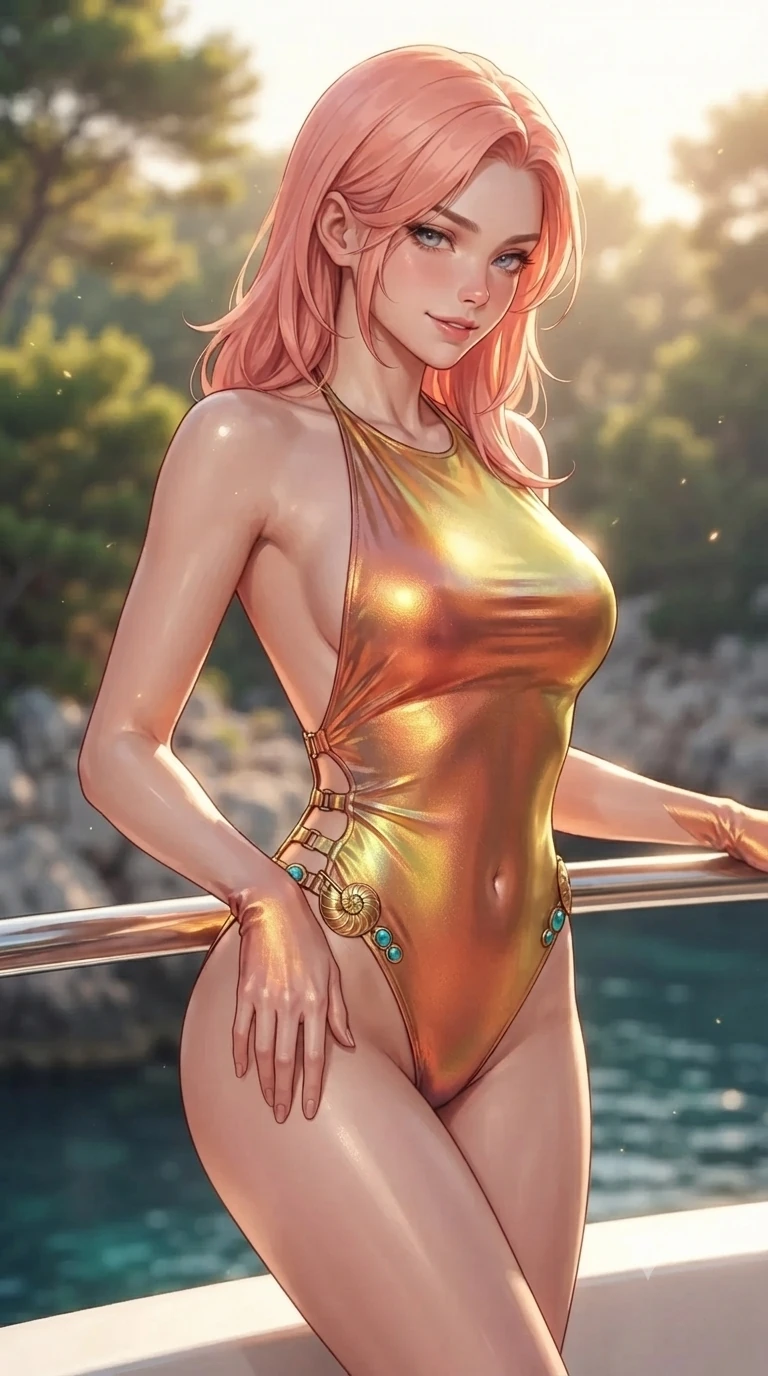 score_9, masterpiece, best quality, ultra-detailed, high-budget anime keyframe, editorial fashion photography, tasteful artistic composition, Japanese woman. close-up cowboy shot from the waist and thighs up, the character dominates the composition, filling the frame with her large presence. tilting her head with a teasing half-smile, running one hand slowly down the side of her hip in a flirtatious S-curve as ambient light caresses her silhouette while leaning against the yacht side railing with hips cocked back, looking out into the secret limestone cove with sleepy seductive bedroom-eyes. The background shows a soft-focus lush coastal maritime pines softened in exclusive resort shallow focus. She has an exceptionally elegant, slender, and willowy female figure with an ultra-slim waist, flat toned midriff, narrow ribcage, and sculpted feminine hips creating an alluring, slim hourglass silhouette without bulk. sharp v-shaped jawline, high-bridge nose, sparkling eyes with hypnotic seductive depth, thick curled eyelashes, glossy parted lips with a natural dewy peach sheen, alluring bedroom-eyes with an enchanting coquettish smile, exuding magnetic siren charisma and sophisticated glamour, flawlessly proportioned anatomical accuracy, strict slender model proportions, natural body alignment, perfectly sculpted long slender limbs, ultra-slim waistline, clean dynamic posture without body distortion. wearing a slinky backless halterneck leotard with metallic clasp accents along the side hips in sun-kissed terracotta and Amalfi lemon yellow, crafted from luxurious metallic lamé that shifts radiance with every step, accented with an authentic engraved gold nautilus shell medallion and turquoise cabochons, the glove-like clinging cut tightly following the natural contour of her hips and long slender legs with youthful 8.5-heads elegance. bathed in the luminous, warm golden-hour light filtering softly through maritime pines with dappled light dances. ultra-reflective glossy finish, specular highlights, rich textural contrasts, high-contrast stereoscopic depth, volumetric dynamic lighting, 2k, ultra detail, master piece, 9:16 ratio