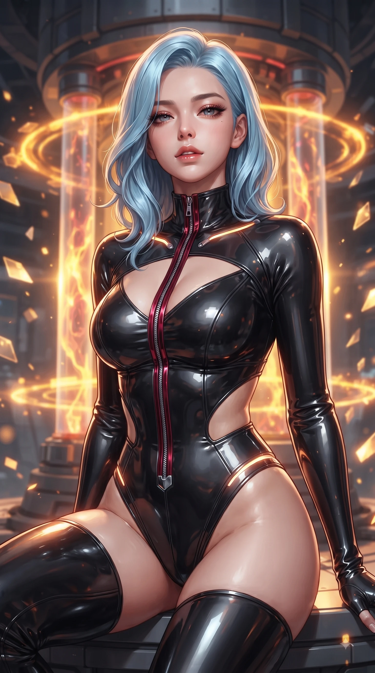 score_9, masterpiece, best quality, ultra-detailed, high-budget anime keyframe, editorial fashion photography, tasteful artistic composition, Korean woman. close-up cowboy shot from the waist and thighs up, the character dominates the composition, filling the frame with her large presence. casting a slow, smoldering gaze beneath heavy lashes with parted glossy lips, her head slightly tilted in captivating self-assurance while floating weightlessly near a colossal fusion reactor core with molten energy pulsing through transparent conduits. The composition keeps background elements in soft focus with creamy bokeh. pulsating plasma rings and floating geometric shards blurred into intense golden-orange bokeh. She has an exceptionally elegant, slender, and willowy female figure with an ultra-slim waist, a gracefully sculpted slender torso, and a refined silhouette. sharp v-shaped jawline, high-bridge nose, intricate jewel-like eyes with depth, thick eyelashes, glossy lips with a natural sheen, flawlessly proportioned anatomical accuracy, natural body alignment, perfectly sculpted elegant limbs, clean dynamic posture without body distortion. wearing a glossy black second-skin latex bodysuit with high-thigh cuts, exposed clavicle neckline, and gleaming zipper details in deep ruby red and polished chrome accents, formed from high-gloss patent material with specular light reflections, accented with glowing fiber-optic seams tracing her collarbones and hip curves, the daring cutouts accentuating her delicate midriff, graceful collarbones, and feminine contour. illuminated by intense volumetric energy beams and high-contrast specular reflections. ultra-reflective glossy finish, specular highlights, metallic sheen, high-contrast stereoscopic depth, volumetric dynamic lighting, 2k, ultra detail, master piece, 9:16 ratio