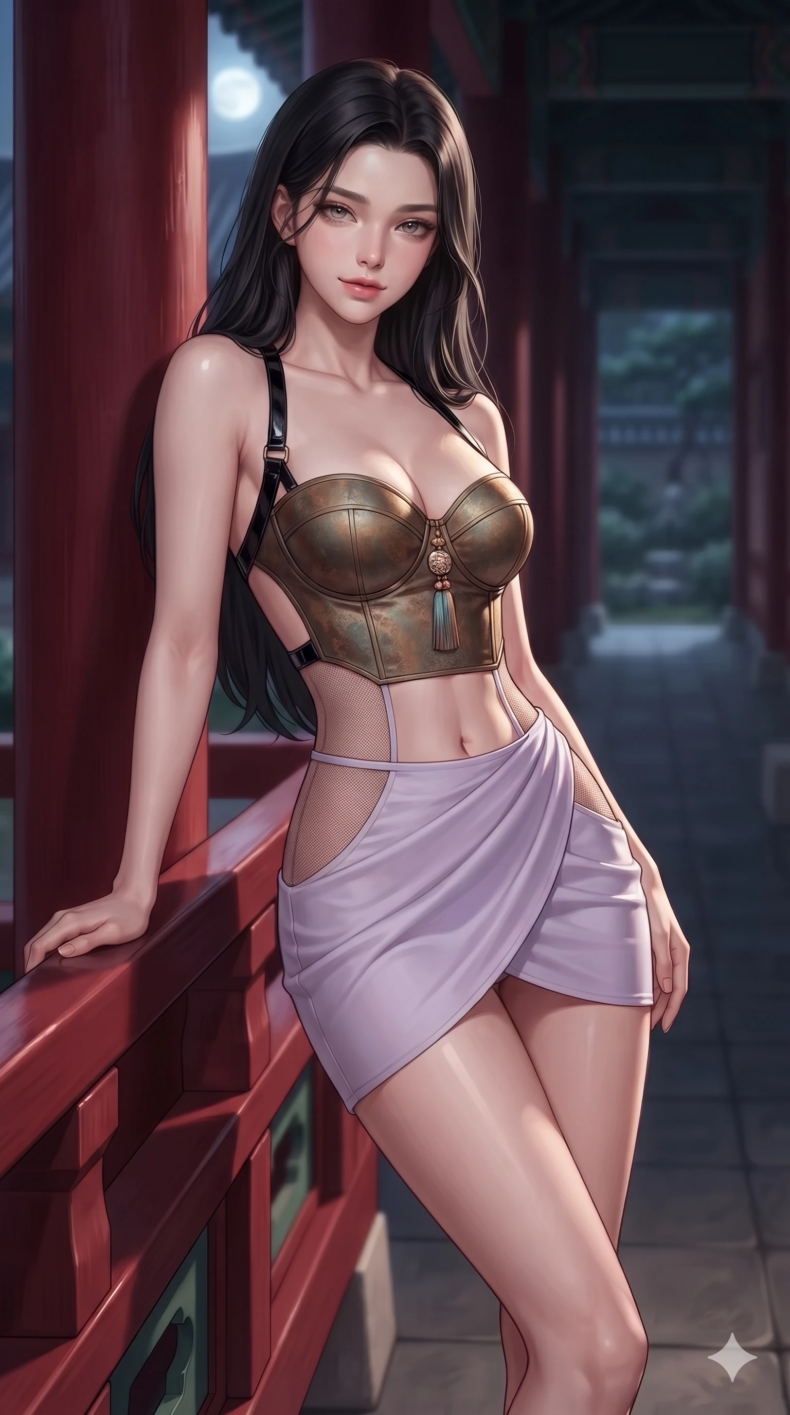 score_9, masterpiece, best quality, ultra-detailed, high-budget anime keyframe, editorial fashion photography, tasteful artistic composition, Korean woman. close-up cowboy shot from the waist and thighs up, the character dominates the composition, filling the frame with her large presence. smiling with quiet, magnetic self-assurance directly into the camera, her sculpted waistline catching specular moonbeam highlights while leaning against the red lacquer railing with hips cocked back, looking out into the palace gardens with heavy-lidded bedroom-eyes. The background shows a soft-focus palace veranda corridor softened in linear architectural shallow focus. She has an exceptionally elegant, slender, and willowy female figure with an ultra-slim waist, flat toned midriff, narrow ribcage, and sculpted feminine hips creating an alluring, slim hourglass silhouette without bulk. sharp v-shaped jawline, high-bridge nose, sparkling eyes with hypnotic seductive depth, thick curled eyelashes, glossy parted lips with a natural dewy peach sheen, alluring bedroom-eyes with an enchanting coquettish smile, exuding magnetic siren charisma and sophisticated glamour, flawlessly proportioned anatomical accuracy, strict slender model proportions, natural body alignment, perfectly sculpted long slender limbs, ultra-slim waistline, clean dynamic posture without body distortion. wearing a structured underwire silk bustier top with norigae accents paired with a high-cut draped sarong mini wrap in vintage bronze patina and pale wisteria lilac, featuring strategic sheer-illusion micro-mesh cutouts along her ribcage and hip flanks, featuring an open-back criss-cross harness strap in patent black leather, the form-fitting cut adhering flawlessly to her sculpted flat midriff and slender torso, emphasizing her long leg lines and perfectly proportioned willowy build. bathed in high-contrast full-moon light streaming horizontally between veranda pillars. ultra-reflective glossy finish, specular highlights, rich textural contrasts, high-contrast stereoscopic depth, volumetric dynamic lighting, 2k, ultra detail, master piece, 9:16 ratio