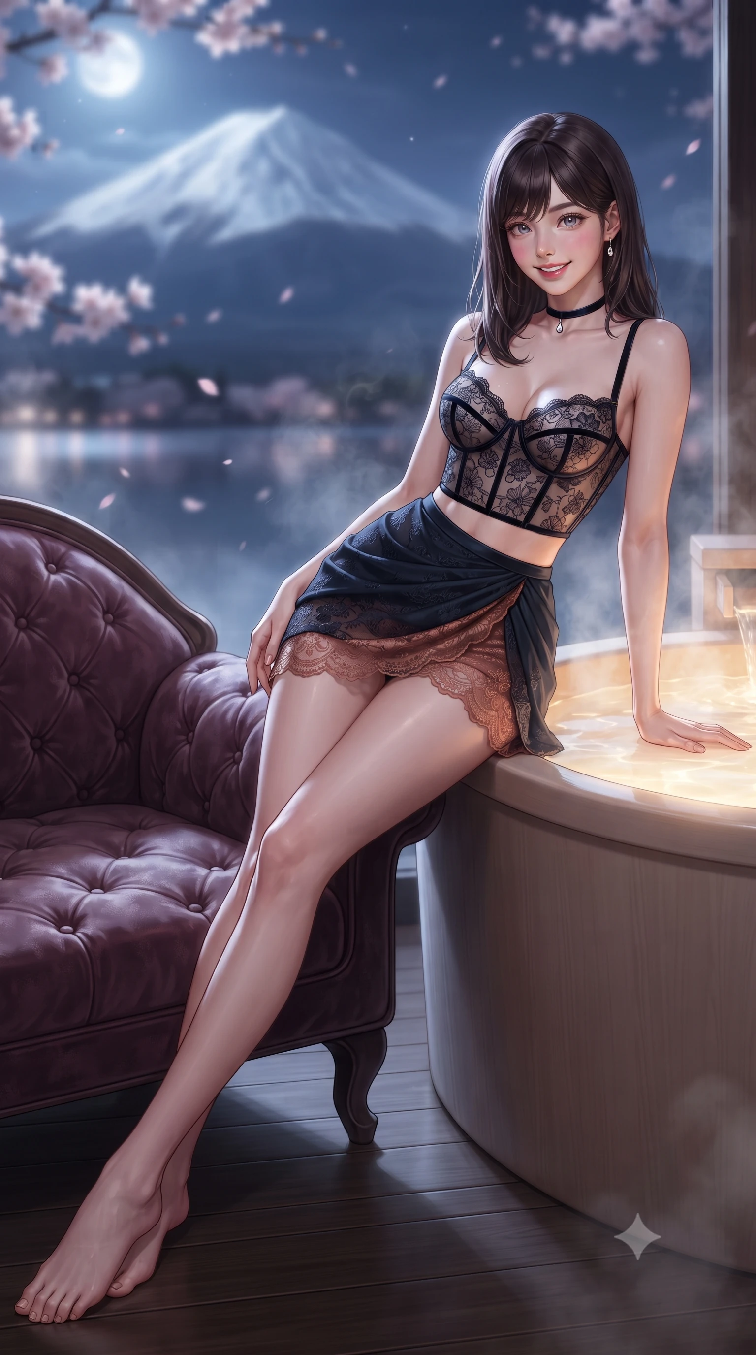 score_9, masterpiece, best quality, ultra-detailed, high-budget anime keyframe, editorial fashion photography, tasteful artistic composition, Korean woman. low angle full-body shot from head to toe showing her feet, filling the entire 9:16 vertical frame with her statuesque presence, stretching her vertical silhouette. reclining gracefully across the plush chaise lounge with one leg extended, her sculpted silhouette and flat midriff radiating magnetic nocturnal glamour while leaning against the smooth hinoki tub rim with hips cocked back, looking through rising thermal vapor with intoxicating bedroom-eyes. The background shows a soft-focus iconic snow-capped silhouette of Mount Fuji bathed in ethereal moonlight, drifting nocturnal sakura blossoms, and Lake Kawaguchi reflections blurred into pale pink, silver, and indigo bokeh. She has an exceptionally tall and slender model-like 8.5-heads proportion, an ultra-slim waist, a flat toned midriff, narrow delicate ribcage, and beautifully sculpted feminine hips creating a graceful, slim hourglass silhouette without any bulky heaviness, with impossibly long slender legs. sharp v-shaped jawline, high-bridge nose, intricate jewel-like sparkling eyes with depth, thick eyelashes, glossy parted lips with a natural peach sheen, bright cheerful beaming smile with an enchanting and coquettish sensual glint, exuding both youthful cute charm and seductive allure, flawlessly proportioned anatomical accuracy, strict slender model proportions, natural body alignment, perfectly sculpted long slender limbs, ultra-slim waistline, clean dynamic posture without body distortion. wearing a sculpted underwire bustier in sheer noir lace with velvet piping paired with an ultra-short draped tulip skirt in Lofoten midnight obsidian and warm hearth copper, made of delicate embroidered tulle lace with intricate floral motifs and soft transparency, finished with a thin velvet ribbon choker and a single teardrop diamond pendant, the liquid-tight tailored fabric clinging flawlessly to her narrow waist and rounded feminine hips, emphasizing every millimeter of her sculpted slim hourglass curves without any bulky heaviness. illuminated by hot spring caustics bounce and sharp platinum-rose rim lights sculpting her cheekbones, flat midriff, and curvaceous hips. ultra-reflective glossy finish, specular highlights, rich textural contrasts, high-contrast stereoscopic depth, volumetric dynamic lighting, 2k, ultra detail, master piece, 9:16 ratio