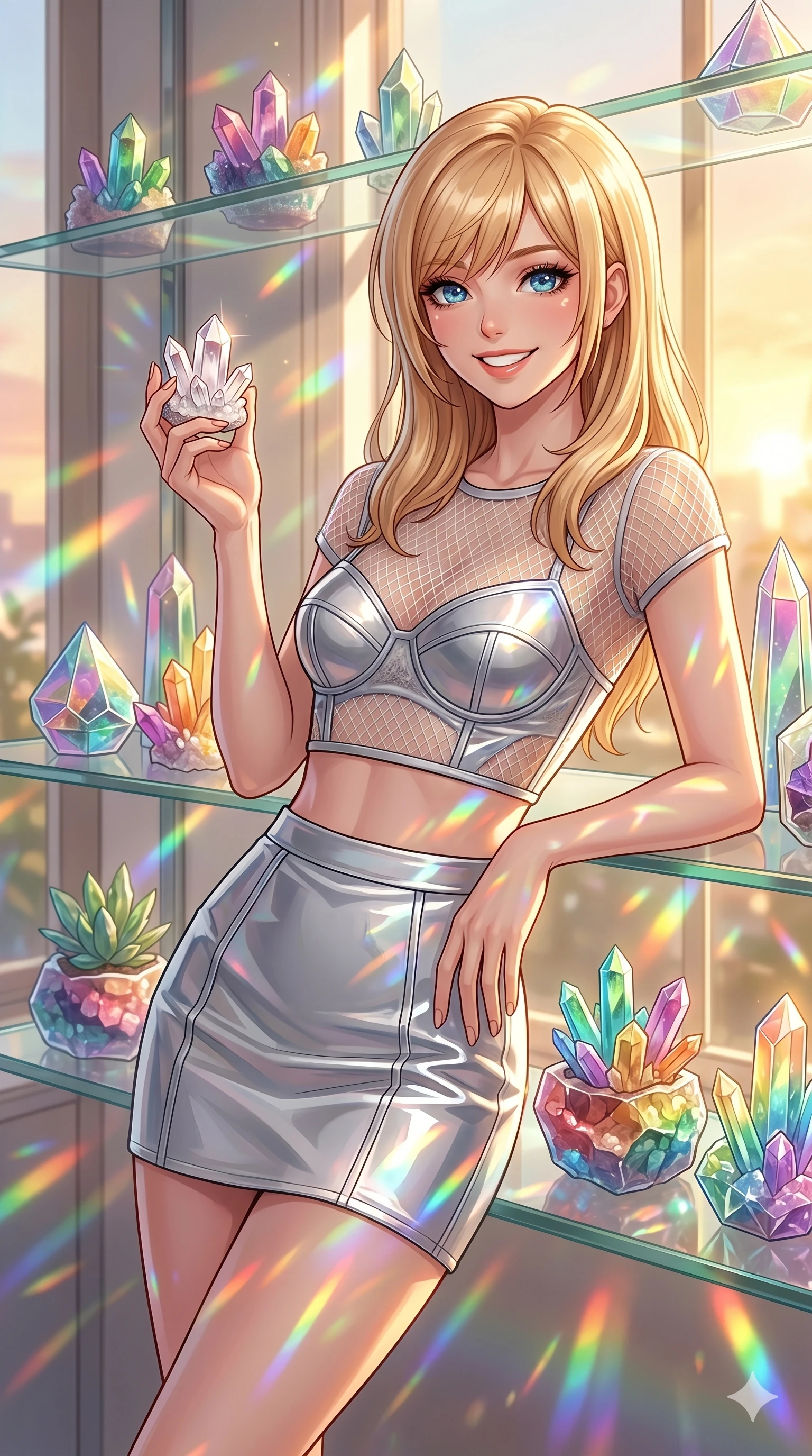 score_9, masterpiece, best quality, ultra-detailed, high-budget anime keyframe, editorial fashion photography, tasteful artistic composition, Caucasian woman, strictly human ears. cowboy shot from the thighs up, character and outfit filling the frame for maximum editorial presence. holding a small quartz crystal, looking at the lens with a bright, happy smile leaning against a glass shelf filled with colorful crystal planters in a sunroom. She has an absolutely perfect 8-heads proportion, an exceptionally tall and slender female figure with impossibly long slender legs and an ultra-slim waist. V-shaped jawline, high-bridge nose, intricate jewel-like eyes with depth, thick eyelashes, glossy lips with a natural sheen. wearing a sheer mesh crop top over a structured silver bodice and matching mini-skirt. bathed in beautiful rainbow prismatic light refracting through the crystal planters and glass shelves. 2k, ultra detail, master piece, 9:16 ratio