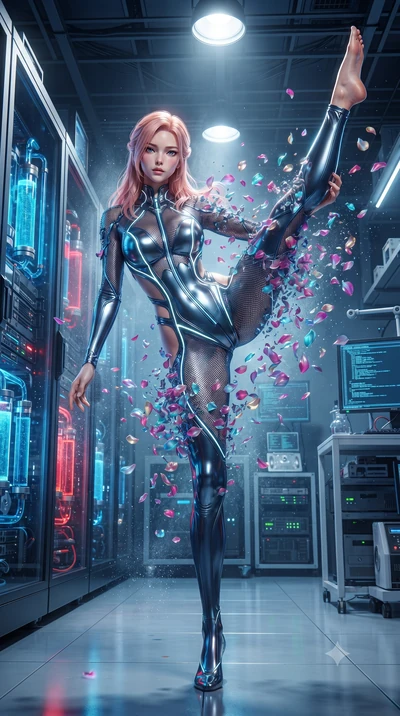 score_9, masterpiece, best quality, ultra-detailed, High-budget Anime Keyframe, editorial fashion photography, tasteful artistic composition, realistic cosplay photography, East Asian woman. Dynamic full-body shot stretching the vertical silhouette t