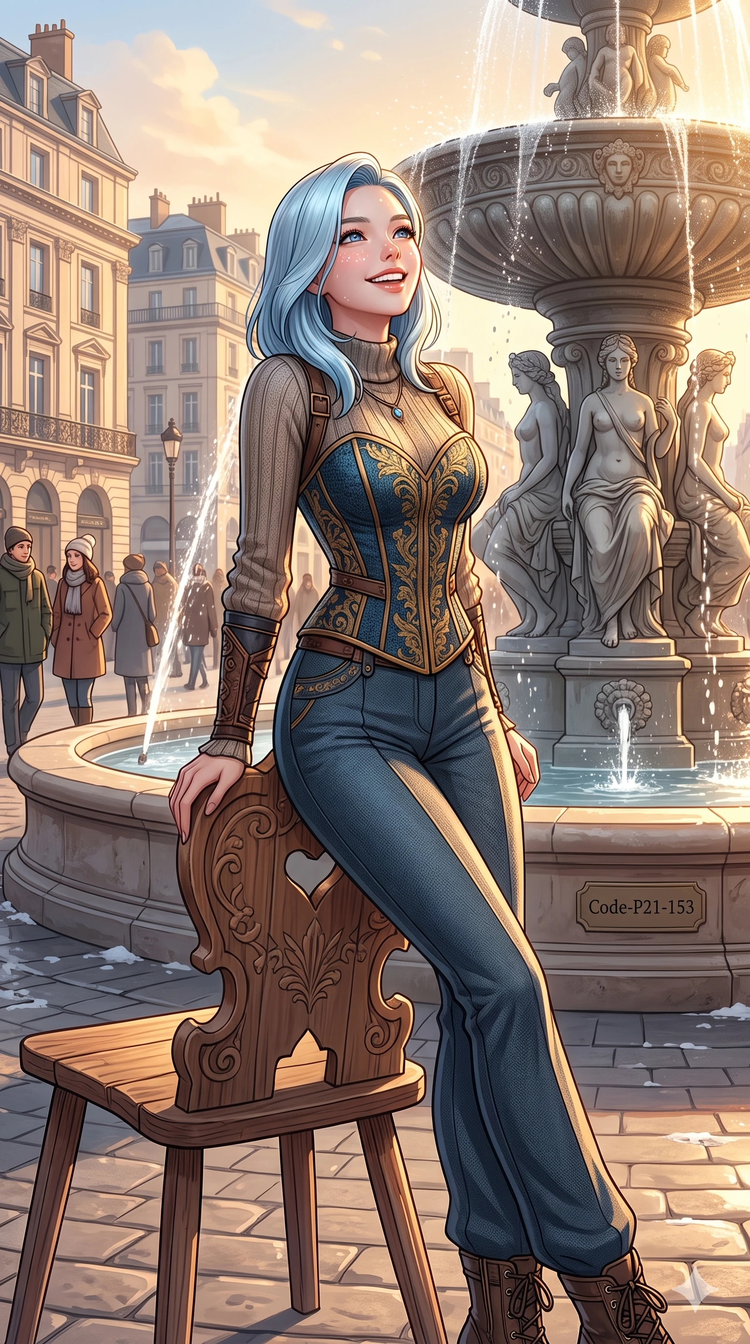 score_9, masterpiece, best quality, ultra-detailed, high-budget anime keyframe, vibrant anime aesthetic, Korean woman. cowboy shot from the thighs up, character and outfit filling the frame for maximum presence. She is leaning back on a chalet chair with a delightful winter smile, looking up happily by a city fountain plaza under winter morning sun (Code-P21-153). She has an absolutely perfect 8-heads proportion, an exceptionally tall and slender female figure with impossibly long slender legs and an ultra-slim waist. V-shaped jawline, high-bridge nose, intricate jewel-like eyes with depth, thick eyelashes, glossy lips with a natural sheen. wearing a structured textured bodice with sweetheart neckline with a sweetheart neckline in winter. She is warm golden afternoon sunbeams reflecting off the fountain, dancing on her face. 2k, ultra detail, master piece, 9:16 ratio