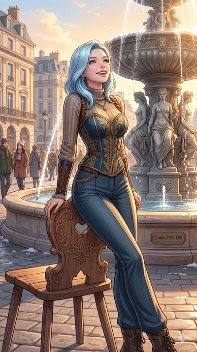 score_9, masterpiece, best quality, ultra-detailed, high-budget anime keyframe, vibrant anime aesthetic, Korean woman. cowboy shot from the thighs up, character and outfit filling the frame for maximum presence. She is leaning back on a chalet chair 