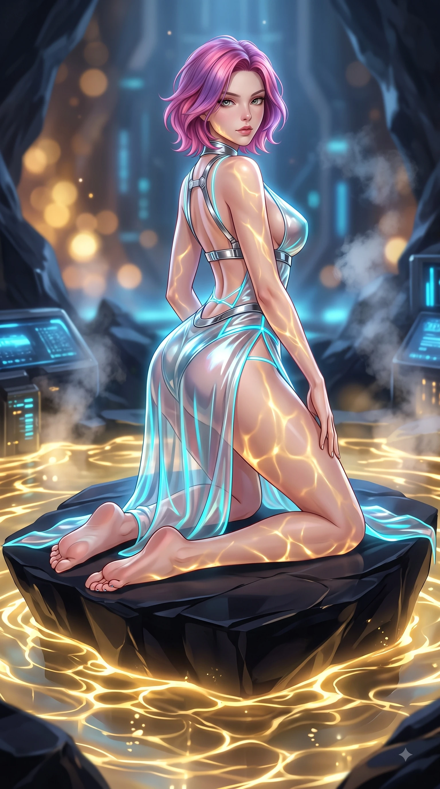 score_9, masterpiece, best quality, ultra-detailed, high-budget anime keyframe, semi-realistic 3D game render, editorial fashion photography, tasteful artistic composition, Caucasian woman. low angle full-body shot from head to toe showing her feet, filling the entire 9:16 vertical frame with her statuesque presence, stretching her vertical silhouette. pivoting dynamically in mid-motion with a breathtakingly alluring posture, displaying her flawless model proportions and ultra-slim waist while kneeling gracefully on a floating obsidian dais inside a subterranean tech-sanctuary with glowing liquid gold rippling around her. The composition keeps background elements in soft focus with creamy bokeh. golden caustics and steam vapors scattering into a dreamy warm backdrop. She has an absolutely perfect, statuesque 8.5-heads proportion, an exceptionally tall and slender model-like female figure with impossibly long slender legs and an ultra-slim waist. sharp v-shaped jawline, high-bridge nose, intricate jewel-like eyes with depth, thick eyelashes, glossy lips with a natural sheen, flawlessly proportioned anatomical accuracy, natural body alignment, perfectly sculpted elegant limbs, clean dynamic posture without body distortion. wearing a translucent iridescent chiffon gown with a plunging neckline, high dual thigh slits, and an open back in liquid mercury silver and glowing electric cyan, formed from high-gloss patent material with specular light reflections, reinforced by a sleek metallic chrome harness and delicate glowing micro-straps, the glove-like fit tightly following every curve of her statuesque athletic build. illuminated by intense gold caustics from below and cool blue ambient backlighting. highly saturated vibrant anime colors, detailed shading with soft gradients, rich glossy textures, high-contrast stereoscopic depth, volumetric dynamic lighting, master piece, 9:16 ratio