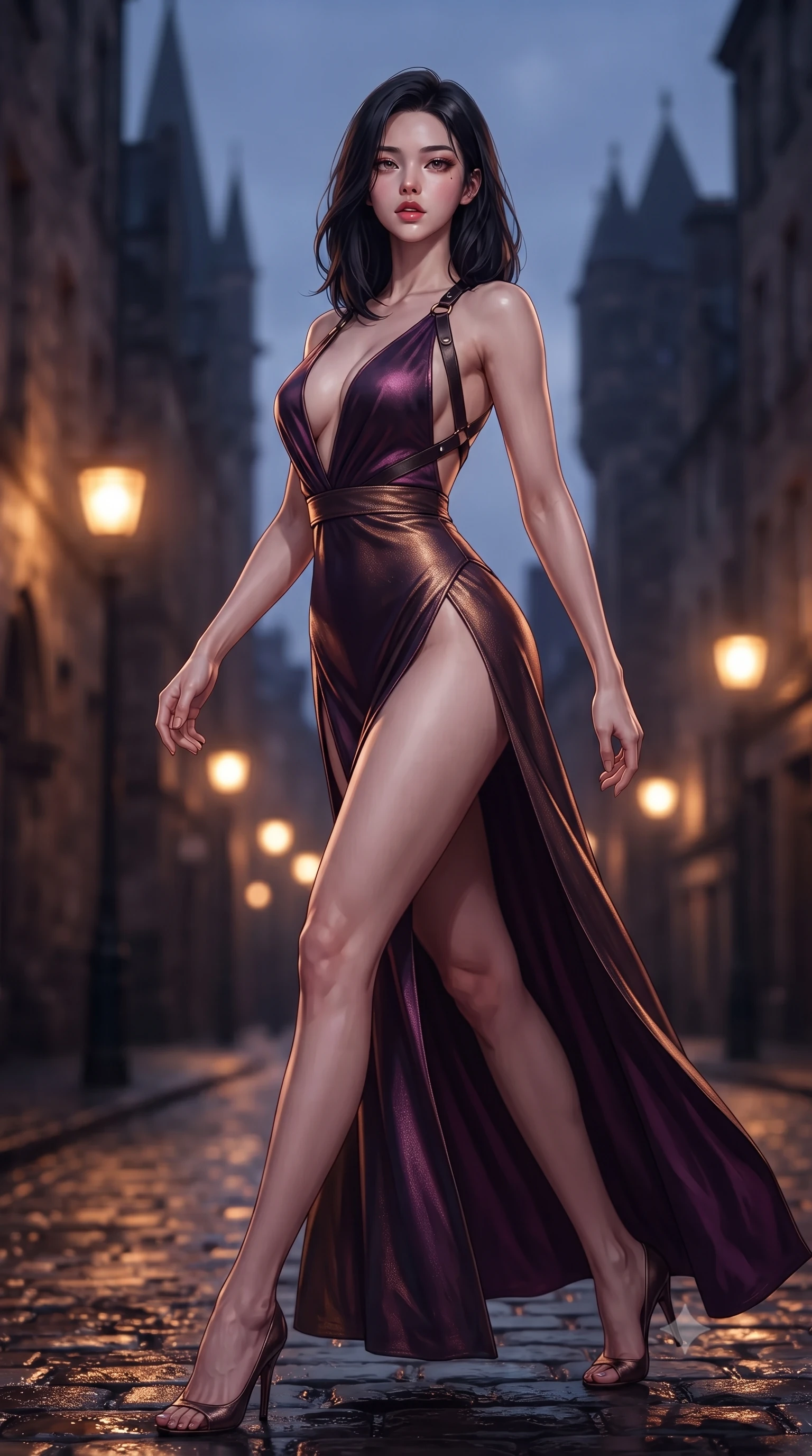score_9, masterpiece, best quality, ultra-detailed, high-budget anime keyframe, editorial fashion photography, tasteful artistic composition, Korean woman. low angle full-body shot from head to toe showing her feet, filling the entire 9:16 vertical frame with her statuesque presence, stretching her vertical silhouette. striding forward in a proud supermodel runway stride, hips swaying in an alluring kinetic rhythm that accentuates her curvy hourglass silhouette while standing poised under a stone archway leading to the historic wynd, twisting her slender torso in an alluring S-curve in the evening mist. The composition keeps background elements in soft focus with creamy bokeh. glowing amber gas lamps and towering stone gables blurred into deep amber, charcoal, and twilight-indigo bokeh. She has an exceptionally tall and slender model-like 8.5-heads proportion, an ultra-slim waist, a flat toned midriff, narrow delicate ribcage, and beautifully sculpted feminine hips creating a graceful, slim hourglass silhouette without any bulky heaviness, with impossibly long slender legs. sharp v-shaped jawline, high-bridge nose, intricate jewel-like eyes with depth, thick eyelashes, glossy parted lips with a natural sheen, intensely captivating and seductive bedroom-eyes expression, flawlessly proportioned anatomical accuracy, strict slender model proportions, natural body alignment, perfectly sculpted long slender limbs, ultra-slim waistline, clean dynamic posture without body distortion. wearing a plunging-V neckline duchess satin gown with high side slits ascending to the high hip in deep plum violet and antique bronze, crafted from luxurious metallic lamé that shifts radiance with every step, featuring an open-back criss-cross harness strap in dark leather, the glove-like aerodynamic silhouette tightly following the natural contour of her hips and long slender legs with statuesque 8.5-heads elegance. illuminated by wet stone specular bounce light sharply defining her sculpted cheekbones, ultra-slim waist, and curvy hips. ultra-reflective glossy finish, specular highlights, rich textural contrasts, high-contrast stereoscopic depth, volumetric dynamic lighting, 2k, ultra detail, master piece, 9:16 ratio