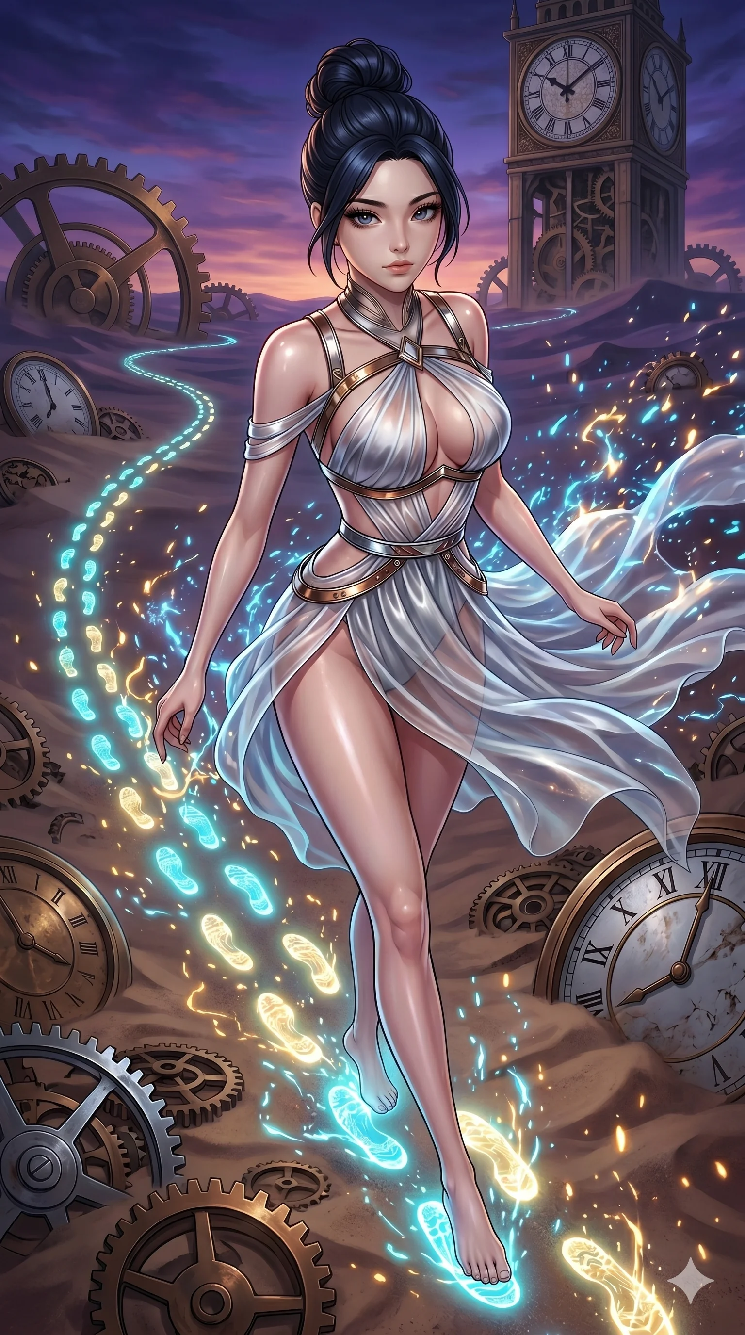 score_9, masterpiece, best quality, ultra-detailed, Set A: High-budget Anime Keyframe, Korean woman. Upper body close-up from the thighs up, character filling the screen for maximum presence. Sliding through a clockwork desert, as she leaves a trail of 248 glowing footprints and surrounded by glowing energy sparks. She has an absolutely perfect 8-heads proportion, an exceptionally tall and slender female figure with impossibly long slender legs and an ultra-slim waist. Sharp v-shaped jawline, high-bridge nose, intricate jewel-like eyes with depth, thick eyelashes, glossy lips with a natural sheen. Wearing Avant-garde paper-thin silk dress that floats like smoke, with metallic straps. Cinematic lighting, vibrant colors, dramatic shadows, 2k, ultra detail, master piece, 9:16 ratio