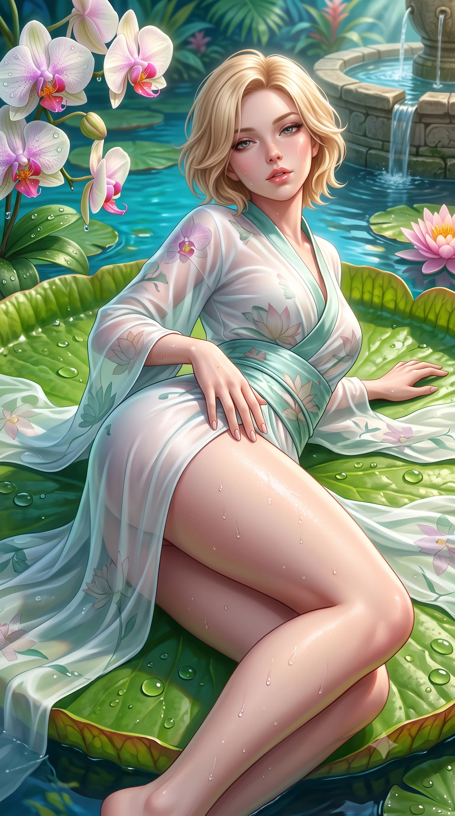 score_9, masterpiece, best quality, ultra-detailed, high-budget anime keyframe, semi-realistic 3D game render, editorial fashion photography, tasteful artistic composition, Caucasian woman. close-up cowboy shot from the waist and thighs up, the character dominates the composition, filling the frame with her large presence. resting one manicured hand delicately on her hip bone, her upper body turning in a fluid, seductive S-curve while parted lips glisten in the light while reclining face down atop a floating giant Victoria water lily pad with head turned toward the lens, legs playfully bent at the knees to highlight her hip silhouette. The surrounding environment is rendered in vivid detail and crisp panoramic clarity. detailed dew droplets on exotic orchids, wet skin water beads, and stone masonry in high clarity. She has an exceptionally elegant, slender, and willowy female figure with an ultra-slim waist, a gracefully sculpted slender torso, toned flat midriff, and rounded feminine hips creating an alluring hourglass silhouette. sharp v-shaped jawline, high-bridge nose, intricate jewel-like eyes with depth, thick eyelashes, glossy parted lips with a natural sheen, intensely captivating and seductive bedroom-eyes expression, flawlessly proportioned anatomical accuracy, strict slender model proportions, natural body alignment, perfectly sculpted long slender limbs, ultra-slim waistline, clean dynamic posture without body distortion. wearing a delicate semi-translucent silk yukata that clings to her wet skin and curvy hip contours in pure alabaster white and eucalyptus mint, crafted from second-skin supple lambskin leather with specular sheen, finished with breezy sheer chiffon train panels floating in the warm breeze, the second-skin form-contouring cut accentuating her sculpted flat midriff, narrow waistline, and dramatically curvy hips without adding bulk. surrounded by an otherworldly, sensual, and exquisitely pure water-lily nymph aura. highly saturated vibrant anime colors, detailed shading with soft gradients, rich glossy textures, high-contrast stereoscopic depth, volumetric dynamic lighting, master piece, 9:16 ratio