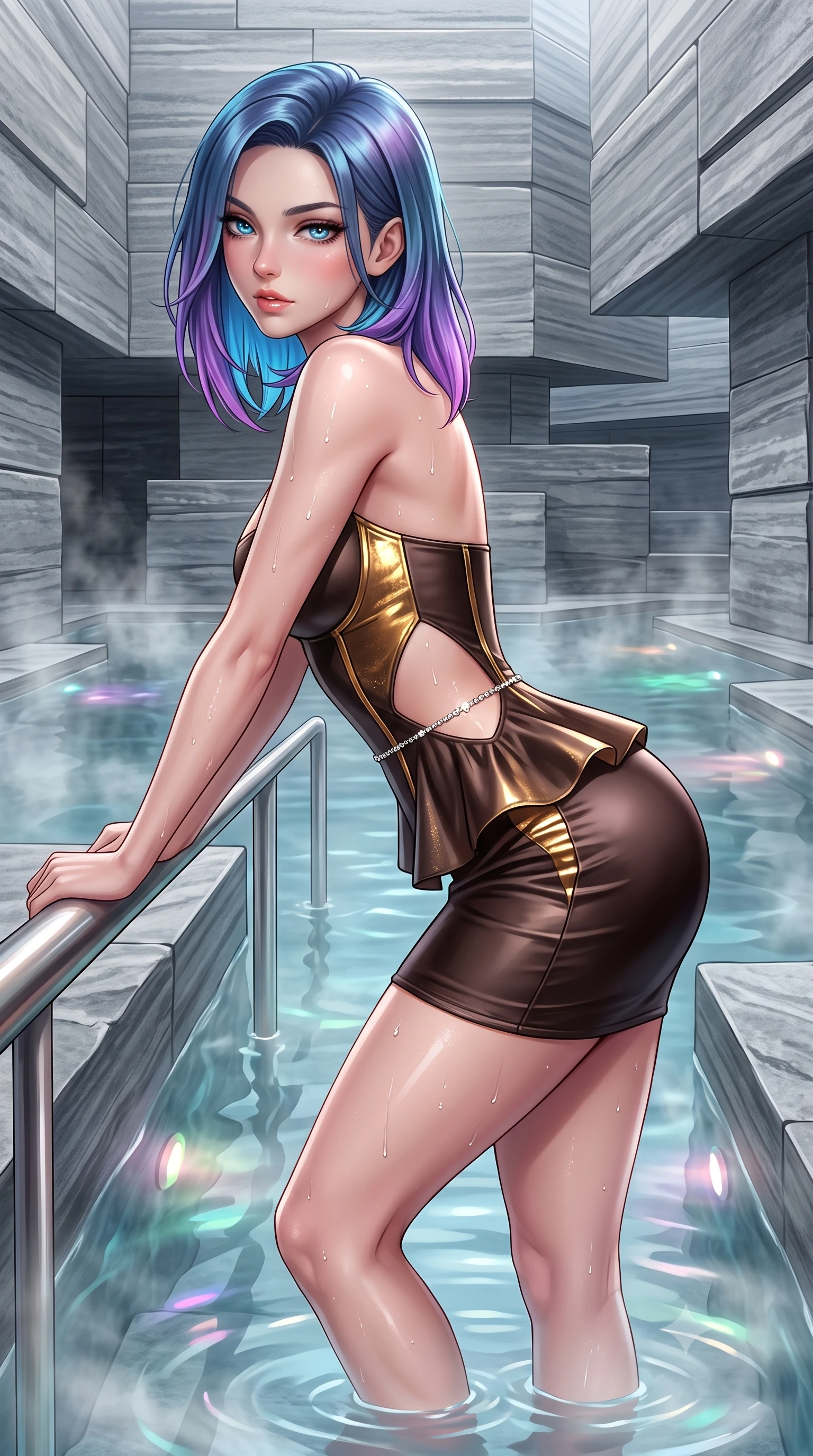 score_9, masterpiece, best quality, ultra-detailed, high-budget anime keyframe, semi-realistic 3D game render, editorial fashion photography, tasteful artistic composition, Caucasian woman. close-up cowboy shot from the waist and thighs up, the character dominates the composition, filling the frame with her large presence. leaning forward against the polished railing with her hips cocked back, creating an intoxicating curve from her narrow waist to sculpted hips as she gazes back into the lens while wading through the steaming mineral thermal pool surrounded by monumental layered grey quartzite stone slabs, arching her lower back with serene supermodel grace. The surrounding environment is rendered in vivid detail and crisp panoramic clarity. detailed swimwear or sheer wrap texture, glistening moisture droplets on skin, and Zumthor architectural lines in high resolution. She has an exceptionally elegant, slender, and willowy female figure with an ultra-slim waist, flat toned midriff, narrow ribcage, and sculpted feminine hips creating an alluring, slim hourglass silhouette without bulk. sharp v-shaped jawline, high-bridge nose, intricate jewel-like eyes with depth, thick eyelashes, glossy parted lips with a natural sheen, intensely captivating and seductive bedroom-eyes expression, flawlessly proportioned anatomical accuracy, strict slender model proportions, natural body alignment, perfectly sculpted long slender limbs, ultra-slim waistline, clean dynamic posture without body distortion. wearing a modern peplum corset dress with side-waist diamond cutouts and an ultra-tight silhouette in dark espresso brown and molten gold foil, tailored from ultra-smooth duchess satin with a pearlescent sheen, accented with a dainty diamond waist chain catching the ambient light reflections, the glove-like aerodynamic silhouette tightly following the natural contour of her hips and long slender legs with statuesque 8.5-heads elegance. illuminated by shimmering submerged pool lights softly contouring her razor-sharp jawline, narrow waist, and curvy hips. highly saturated vibrant anime colors, detailed shading with soft gradients, rich glossy textures, high-contrast stereoscopic depth, volumetric dynamic lighting, master piece, 9:16 ratio