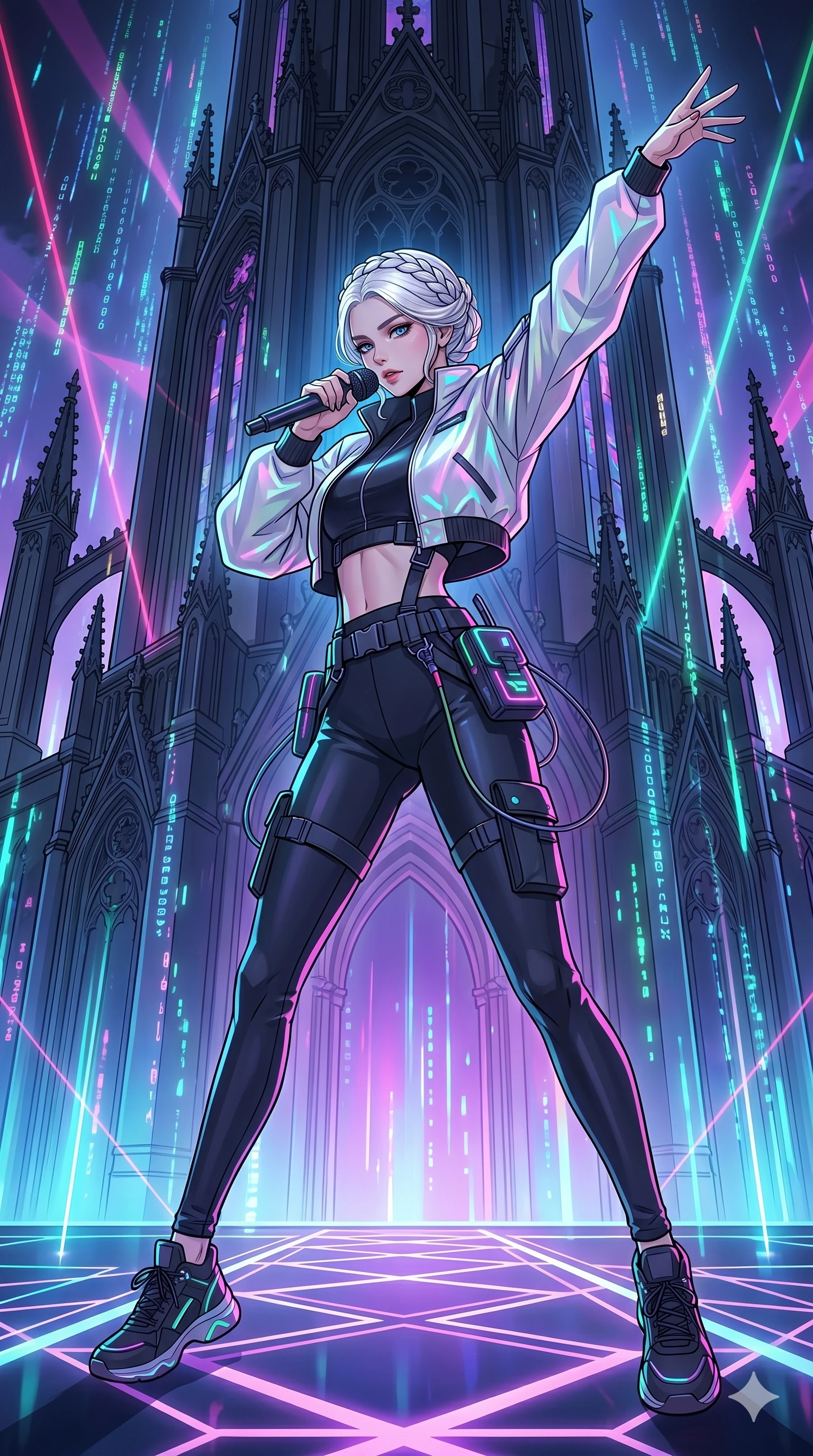 score_9, masterpiece, best quality, ultra-detailed, high-budget anime movie keyframe, cinematic anime lighting, intricate line art, Korean woman. Dynamic full-body shot stretching the vertical silhouette across the 9:16 frame. singing on a laser stage in a gothic obsidian tower with holographic rain. She has an absolutely perfect 8-heads proportion, an exceptionally tall and slender female figure with an ultra-slim waist and impossibly long slender legs. sharp v-shaped jawline, high-bridge nose, intricate jewel-like eyes, thick eyelashes, glossy lips. Wearing modern urban tech-wear ensemble with a cropped reflective bomber jacket, ultra-slim high-waisted cargo leggings, and tactical harness with neon-lit pouches. The scene is illuminated by dramatic atmospheric lighting and vibrant color palettes. , 2k, ultra detail, master piece, 9:16 ratio