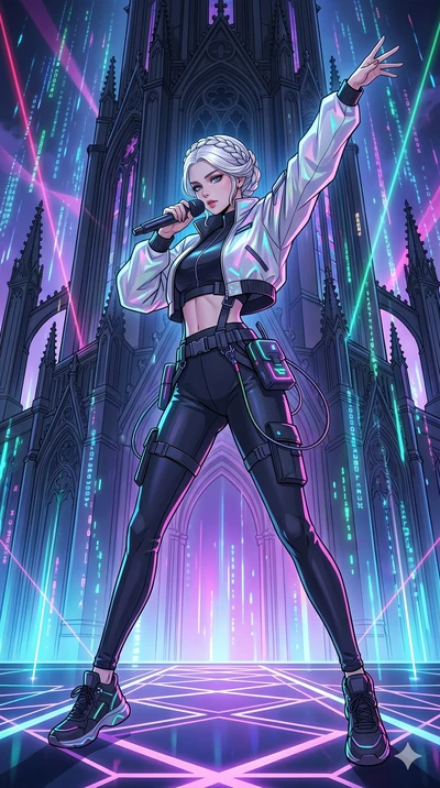 score_9, masterpiece, best quality, ultra-detailed, high-budget anime movie keyframe, cinematic anime lighting, intricate line art, Korean woman. Dynamic full-body shot stretching the vertical silhouette across the 9:16 frame. singing on a laser stag