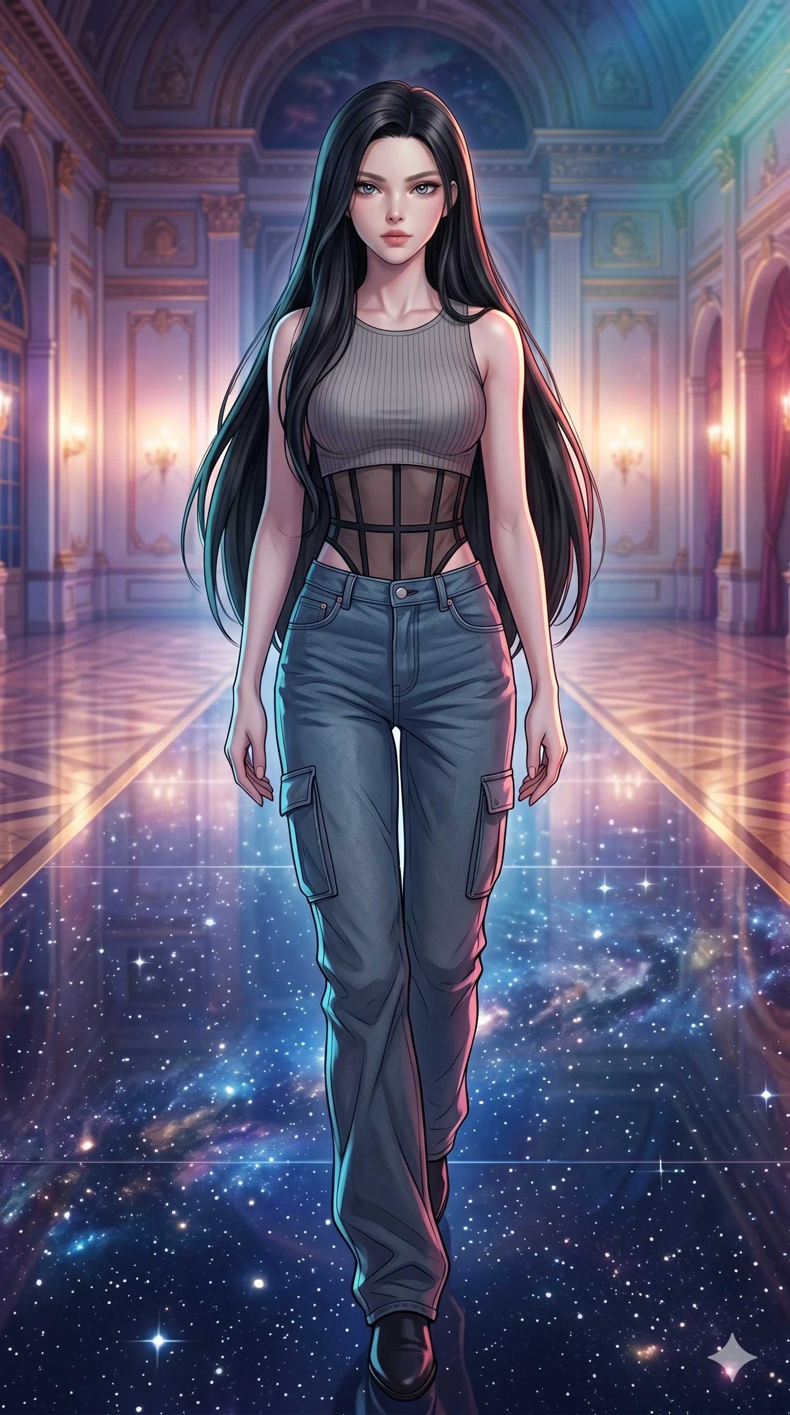 score_9, masterpiece, best quality, ultra-detailed, high-budget anime movie keyframe, cinematic anime lighting, intricate line art, Korean woman. Low angle cowboy shot capturing a powerful motion and statuesque presence. gliding through a ballroom as the floor reflects the stars above. She has an absolutely perfect 8-heads proportion, an exceptionally tall and slender female figure with an ultra-slim waist and impossibly long slender legs. strictly human anatomy, two legs only, no extra limbs, clearly defined legs and arms, perfect anatomy, perfect hands and fingers. sharp v-shaped jawline, high-bridge nose, intricate jewel-like eyes, thick eyelashes, glossy lips. Wearing Urban Trendsetter: Ribbed bodycon dress, crop top with high-waist denim, and sheer corset with cargo pants. The scene is illuminated by dramatic atmospheric lighting and vibrant color palettes. , 2k, ultra detail, master piece, 9:16 ratio