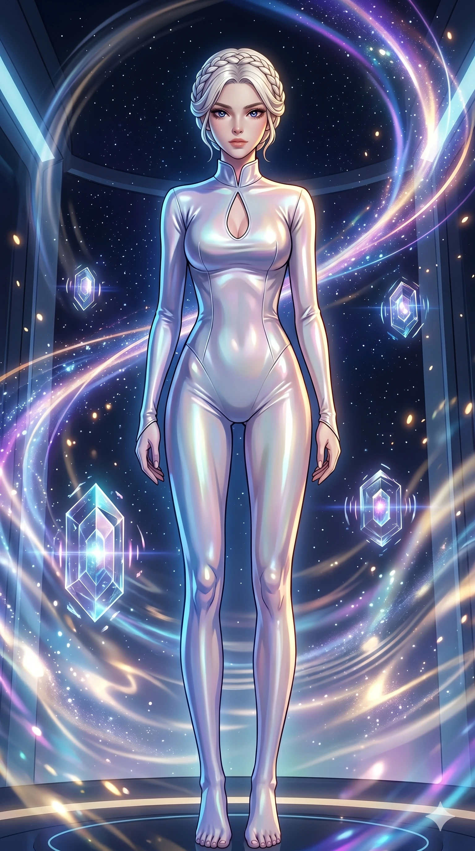score_9, masterpiece, best quality, ultra-detailed, High-budget Anime Keyframe, vibrant colors, fluid line-art, expressive lighting, cinematic composition, Ufotable-style visual effects, top-tier animation quality, Korean woman with idol-like refined features. Low angle cowboy shot filling the entire 9:16 frame with her statuesque presence, looking up to emphasize her height. Floating within a high-frequency vibration chamber where the atmosphere becomes visible waves. She has an absolutely perfect 8-heads proportion, an exceptionally tall and slender female figure with impossibly long slender legs and an ultra-slim waist, her statuesque height and towering silhouette dominating the vertical 9:16 frame. Her face is a masterpiece featuring a sharp v-shaped jawline, high-bridge nose, intricate jewel-like eyes with depth, thick eyelashes, and glossy lips with a natural sheen. She is wearing a Sleek liquid-silk jumpsuit that clings to her frame, with a high collar and a small strategic teardrop cutout. The scene is set in a starlit void where ribbons of light serve as the only paths. 2k, ultra detail, master piece, 9:16 ratio