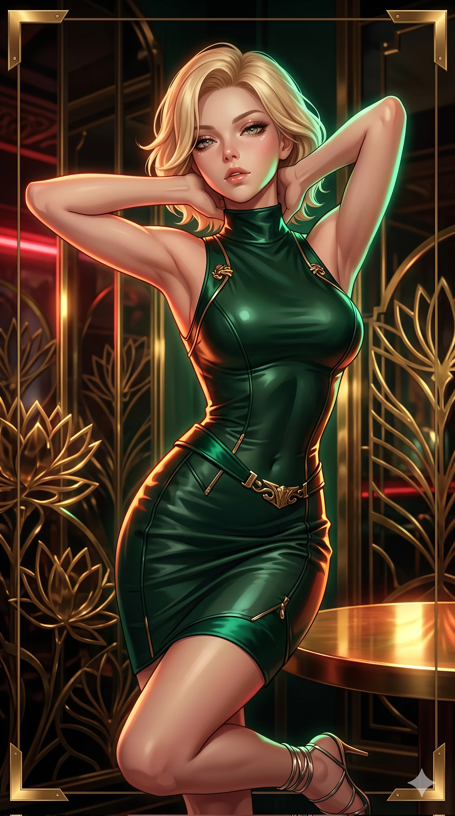 score_9, masterpiece, best quality, ultra-detailed, high-budget anime keyframe, semi-realistic 3D game render, editorial fashion photography, tasteful artistic composition, Caucasian woman. close-up cowboy shot from the waist and thighs up, the character dominates the composition, filling the frame with her large presence. resting both hands lightly behind her neck with elbows raised, arching her spine to highlight her narrow waist, flat midriff, and breathtaking collarbones while twisting her slender torso in an alluring S-curve, polished brass lotus reflections and ambient red neon tracing her flat midriff and hourglass curves. The surrounding environment is rendered in vivid detail and crisp panoramic clarity: sharp brass lotus screen filigree cuts, mirror reflections on smoked glass, and crisp brass corner brackets in deep focus. She has an exceptionally elegant, slender, and willowy female figure with an ultra-slim waist, flat toned midriff, narrow ribcage, and sculpted feminine hips creating an alluring, slim hourglass silhouette without bulk. sharp v-shaped jawline, high-bridge nose, intricate jewel-like sparkling eyes with depth, thick eyelashes, glossy parted lips with a natural sheen, intensely captivating and seductive bedroom-eyes expression, exuding both youthful cute charm and sovereign luxury allure, flawlessly proportioned anatomical accuracy, strict slender model proportions, natural body alignment, perfectly sculpted long slender limbs, ultra-slim waistline, clean dynamic posture without body distortion. wearing a glove-like stretch lambskin leather sheath dress accentuating her ultra-slim waistline without bulk in deep emerald green satin and gold hardware accents, woven from buttery-soft stretch lambskin leather adhering to her body like a second skin, complemented by strappy stiletto sandals with metallic ankle wraps accentuating her slender calves, the bespoke structured tailoring following the natural line of her 8.5-heads silhouette with refined elegance. illuminated by polished table bounce and sharp emerald-amber rim lights defining her razor-sharp jawline, narrow waist, and curvy hips. highly saturated vibrant anime colors, detailed shading with soft gradients, rich glossy textures, high-contrast stereoscopic depth, volumetric dynamic lighting, master piece, 9:16 ratio