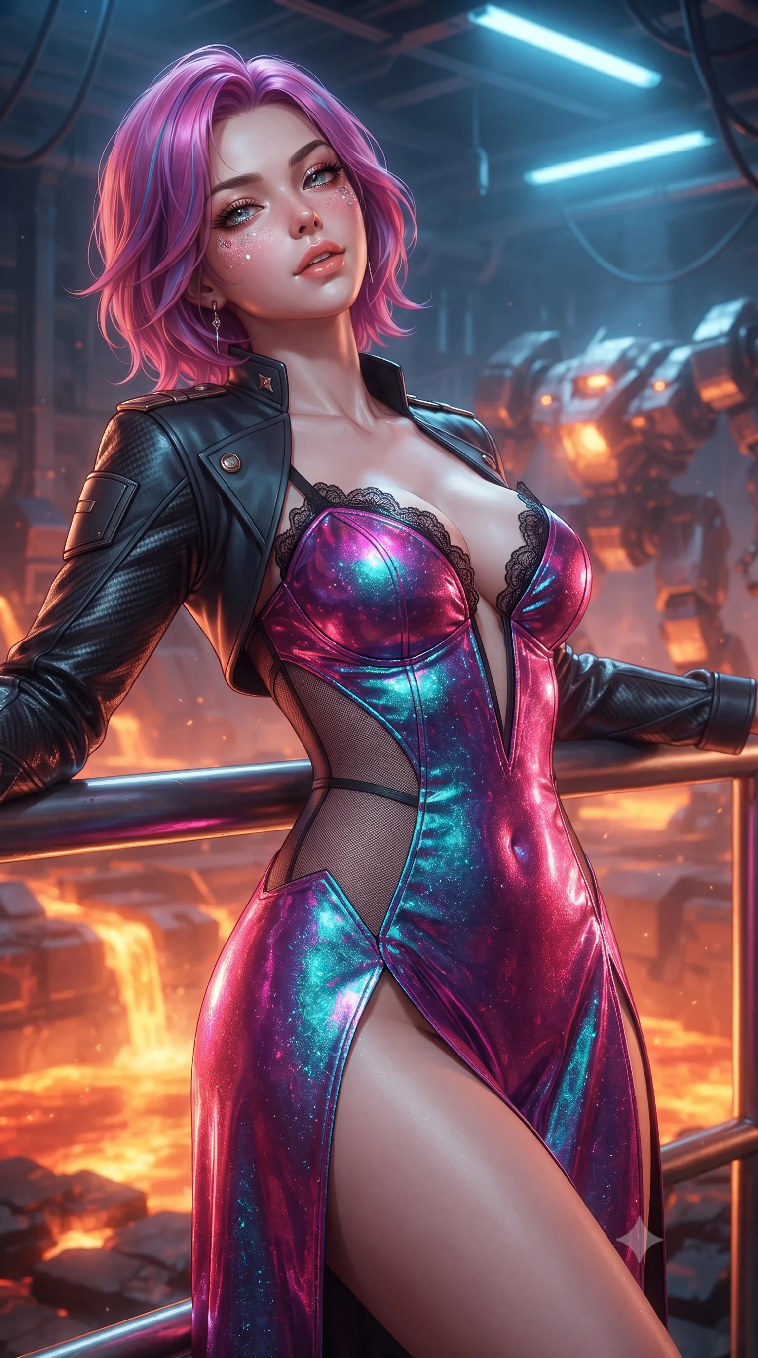 score_9, masterpiece, best quality, ultra-detailed, high-budget anime keyframe, editorial fashion photography, tasteful artistic composition, Caucasian woman. close-up cowboy shot from the waist and thighs up, the character dominates the composition, filling the frame with her large presence. leaning back against the balustrade with relaxed seductive grace, head tilted back slightly while casting a hypnotic, heavy-lidded gaze while leaning against the thermal blast balustrade with hips cocked back, looking through rising copper heat ripples at glowing mech chassis with smoldering bedroom-eyes. The surrounding environment is rendered in vivid detail and crisp panoramic clarity: detailed tactical officer coat tailoring, carbon-fiber armor texture, and colossal industrial metallurgy architecture in razor-sharp precision. She has an exceptionally elegant, slender, and willowy female figure with an ultra-slim waist, flat toned midriff, narrow ribcage, and sculpted feminine hips creating an alluring, slim hourglass silhouette without bulk. sharp v-shaped jawline, high-bridge nose, intricate jewel-like sparkling eyes with depth, thick eyelashes, glossy parted lips with a natural peach sheen, bright cheerful beaming smile with an enchanting and coquettish sensual glint, exuding both youthful cute charm and seductive allure, flawlessly proportioned anatomical accuracy, strict slender model proportions, natural body alignment, perfectly sculpted long slender limbs, ultra-slim waistline, clean dynamic posture without body distortion. wearing an alluring plunging sweetheart tactical bodice with sheer mesh side-waist cutouts contouring her ribs in Kowloon neon magenta and electric teal, crafted from stretch micro-mesh with liquid foil coating that shimmers with every movement, finished with scalloped eyelash lace trim framing her sweetheart neckline with intimate elegance, the high-slit wrap tailoring accentuating her ultra-slim waistline and the enchanting curve of her feminine hips with alluring seductive charm. bathed in the intense warm 2000K radiant glow of molten titanium rivers contrasted with cool overhead blue safety strobes. ultra-reflective glossy finish, specular highlights, rich textural contrasts, high-contrast stereoscopic depth, volumetric dynamic lighting, 2k, ultra detail, master piece, 9:16 ratio