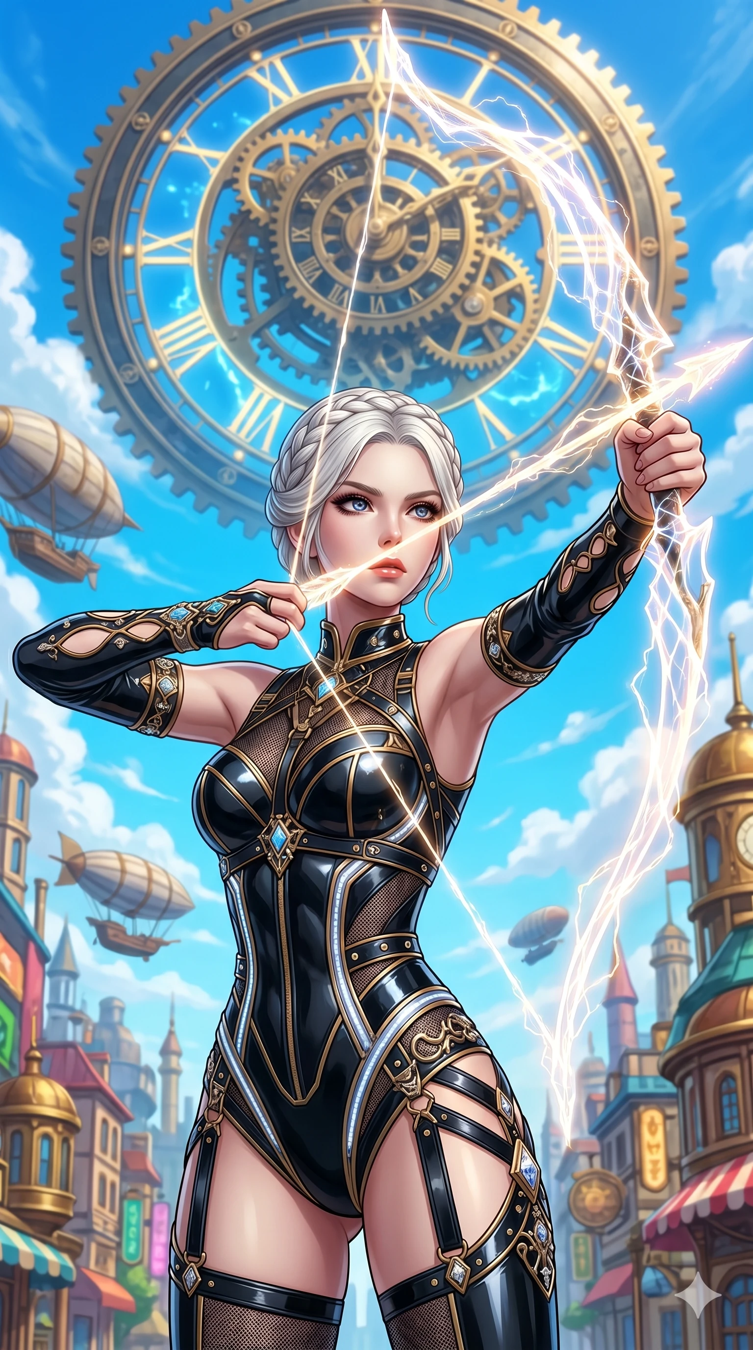 score_9, masterpiece, best quality, ultra-detailed, Set A: Photorealistic 8k CG, Japanese woman. Upper body close-up from the thighs up, character filling the screen for maximum presence. Drawing a bow made of pure energy aimed at a giant clockwork mechanism in the vibrant blue sky. She has an absolutely perfect 8-heads proportion, an exceptionally tall and slender female figure with an slender waist and focused expression. Sharp v-shaped jawline, high-bridge nose, intricate jewel-like eyes with depth, thick eyelashes, glossy lips. Wearing a K-Idol Stage outfit: sleek bodysuit with a decorative harness and detached sleeves. Background is a bright and colorful steampunk city with golden gears and white clouds. 2k, ultra detail, master piece, 9:16 ratio