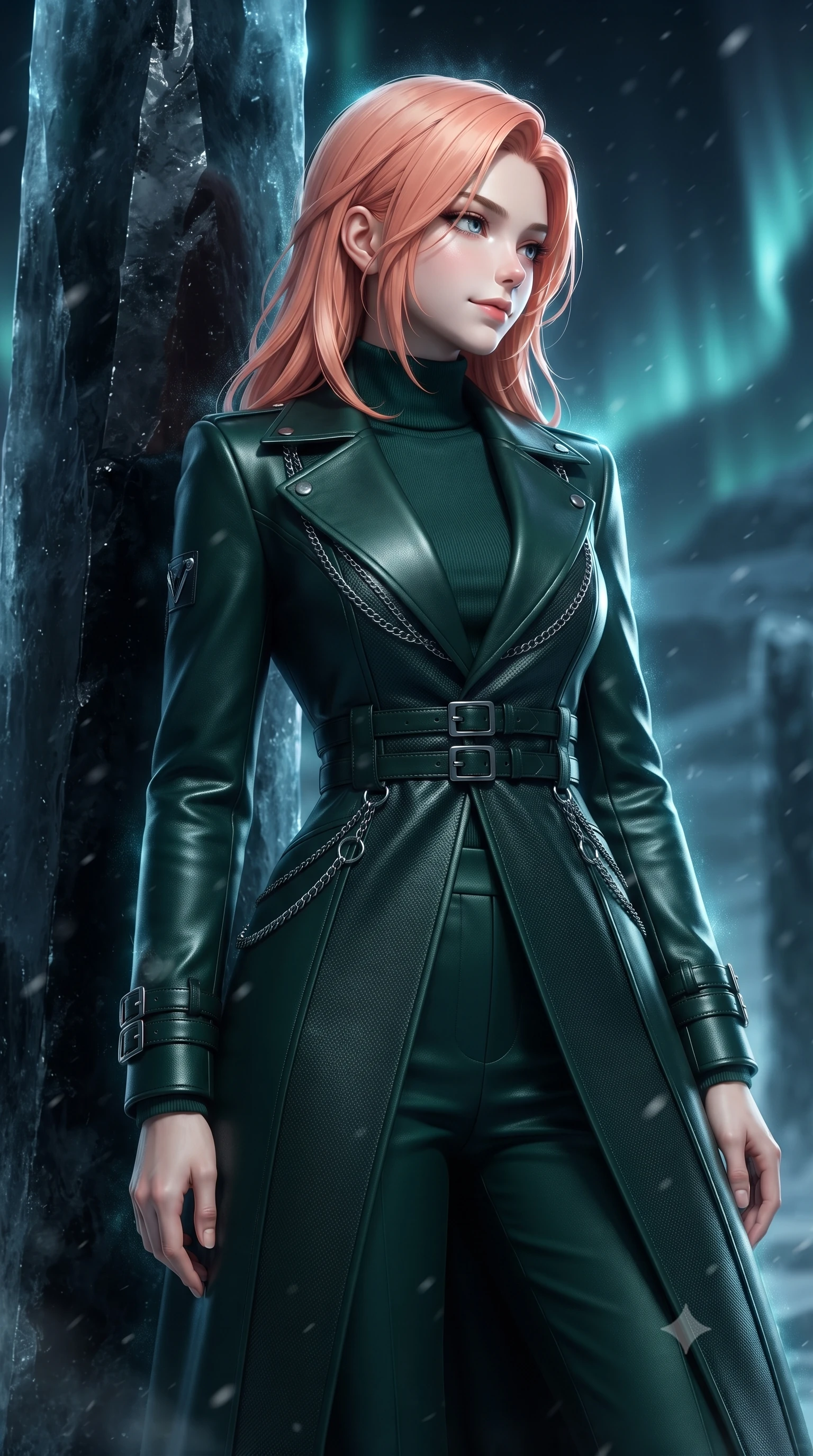 score_9, masterpiece, best quality, ultra-detailed, high-budget anime keyframe, editorial fashion photography, tasteful artistic composition, Japanese woman. close-up cowboy shot from the waist and thighs up, the character dominates the composition, filling the frame with her large presence, background elements kept in soft focus. Glancing sidelong over her shoulder with a smoldering, enigmatic half-smile, resting against a razor-sharp black ice column as frost dust drifts around her, dark aurora rays flickering silently through frozen ice ceilings. She has an exceptionally elegant, slender, and willowy female figure with an ultra-slim waist, a gracefully sculpted slender torso, and a refined silhouette. sharp v-shaped jawline, high-bridge nose, intricate jewel-like eyes with depth, thick eyelashes, glossy lips with a natural sheen. wearing structured dark leather long coat over turtleneck and tailored slacks in deep emerald green, made of matte carbon-fiber weave, framed by dark titanium buckles and silver chain details, contouring every curve with an exceptionally elegant silhouette. surrounded by a freezing dark cyan aura with sharp edge highlights. ultra-reflective glossy finish, specular highlights, metallic sheen, high-contrast stereoscopic depth, volumetric dynamic lighting, 2k, ultra detail, master piece, 9:16 ratio