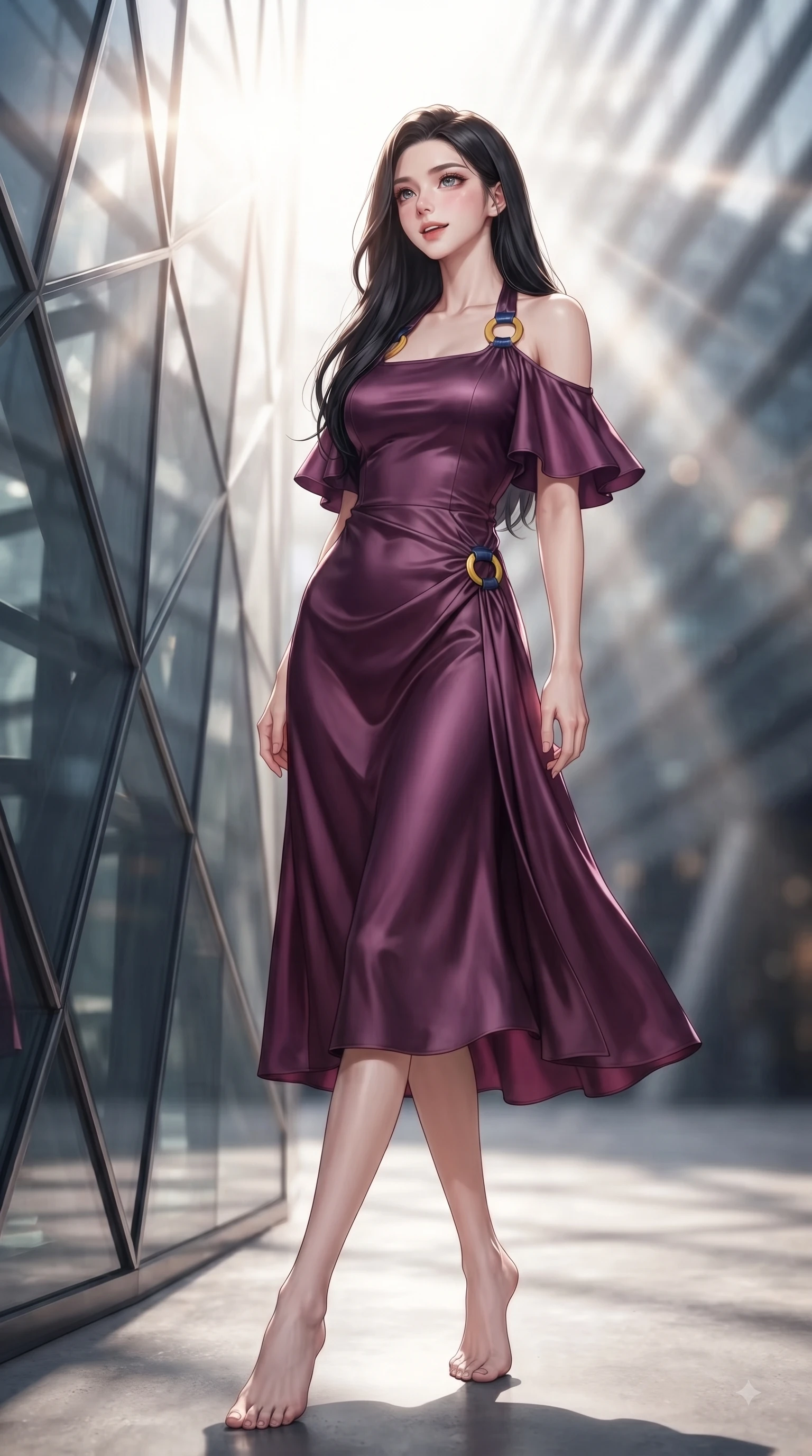 score_9, masterpiece, best quality, ultra-detailed, high-budget anime keyframe, editorial fashion photography, tasteful artistic composition, Korean woman. low angle full-body shot from head to toe showing her feet, filling the entire 9:16 vertical frame with her statuesque presence, stretching her vertical silhouette. Expectant hopeful expression with wide sparkling eyes and a soft eager smile as if waiting for a loved one while pivoting dynamically near a towering geometric glass facade with intense sunlight filtering through. The composition keeps background elements in soft focus with dreamy bokeh. high-tech architectural lines blurring seamlessly into a soft-focus backdrop. She has an absolutely perfect, statuesque 8.5-heads proportion, an exceptionally tall and slender model-like female figure with impossibly long slender legs and an ultra-slim waist. sharp v-shaped jawline, high-bridge nose, intricate jewel-like eyes with depth, thick eyelashes, glossy lips with a natural sheen, flawlessly proportioned anatomical accuracy, natural body alignment, perfectly sculpted elegant limbs, clean dynamic posture without body distortion. wearing a rich plum purple halter-neck silk dress with silver ring hardware in sunflower yellow and royal navy blue, crafted from smooth liquid silk satin, featuring elegant flutter sleeves and a graceful square neckline, the tailored fit highlighting her statuesque and model-like silhouette. surrounded by a high-end, luxury architectural fashion aesthetic. ultra-reflective glossy finish, specular highlights, metallic sheen, high-contrast stereoscopic depth, volumetric dynamic lighting, 2k, ultra detail, master piece, 9:16 ratio