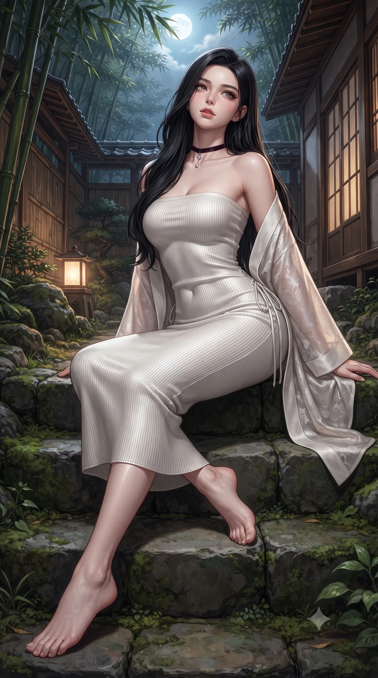 score_9, masterpiece, best quality, ultra-detailed, high-budget anime keyframe, editorial fashion photography, tasteful artistic composition, Korean woman. low angle full-body shot from head to toe showing her feet, filling the entire 9:16 vertical frame with her statuesque presence, stretching her vertical silhouette. sitting poised on the stone steps with one knee bent, arching her spine with supermodel elegance as she glances upward through thick eyelashes while twisting her slender torso in an alluring contrapposto stance, black bamboo shadows and lantern light tracing her flat midriff and hips. The surrounding environment is rendered in vivid detail and crisp panoramic clarity: detailed semi-sheer silk kimono robe cling, delicate gold jewelry shine, and bespoke ryokan timber craft in razor-sharp precision. She has an absolutely perfect, statuesque 8.5-heads proportion, an exceptionally tall and slender model-like female figure with impossibly long slender legs, an ultra-slim waist, a flat toned midriff, narrow delicate ribcage, and beautifully sculpted feminine hips creating a graceful, slim hourglass silhouette without any bulky heaviness. sharp v-shaped jawline, high-bridge nose, sparkling eyes with hypnotic seductive depth, thick curled eyelashes, glossy parted lips with a natural dewy peach sheen, alluring bedroom-eyes with an enchanting coquettish smile, exuding magnetic siren charisma and sophisticated glamour, flawlessly proportioned anatomical accuracy, strict slender model proportions, natural body alignment, perfectly sculpted long slender limbs, ultra-slim waistline, clean dynamic posture without body distortion. wearing a form-contouring ribbed knit tube dress with subtle side-lace ties tracing the curve of her hips in pure pearl alabaster with platinum sheen, crafted from fluid liquid silk satin that clings smoothly to every curve with a dewy sheen, finished with a thin velvet ribbon choker and a single teardrop diamond pendant, the glove-like clinging cut tightly following the natural contour of her hips and long slender legs with youthful 8.5-heads elegance. bathed in warm underwater onsen illumination combined with celestial moonlight filtering through the bamboo canopy. ultra-reflective glossy finish, specular highlights, rich textural contrasts, high-contrast stereoscopic depth, volumetric dynamic lighting, 2k, ultra detail, master piece, 9:16 ratio