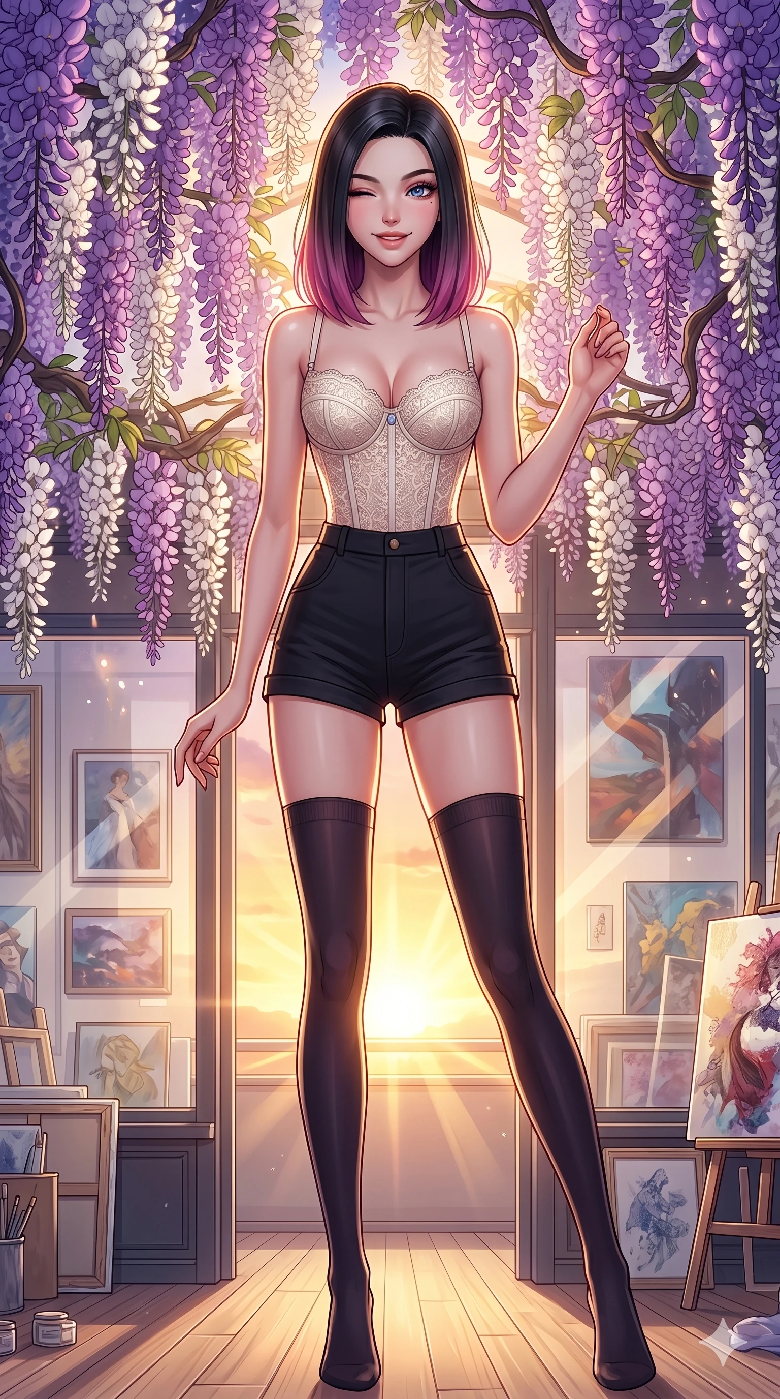 score_9, masterpiece, best quality, ultra-detailed, high-budget anime keyframe, vibrant anime aesthetic, Korean woman. cowboy shot from the thighs up, character and outfit filling the frame for maximum presence. She is standing under wisteria vines, winking with a delightful and smiling face inside a bright art atelier with display windows (Code-P20-180). She has an absolutely perfect 8-heads proportion, an exceptionally tall and slender female figure with impossibly long slender legs and an ultra-slim waist. V-shaped jawline, high-bridge nose, intricate jewel-like eyes with depth, thick eyelashes, glossy lips with a natural sheen. wearing a structured lace corset with sweetheart neckline showing cleavage. She is glowing with warm sunset light radiating from the horizon, casting a golden aura. 2k, ultra detail, master piece, 9:16 ratio