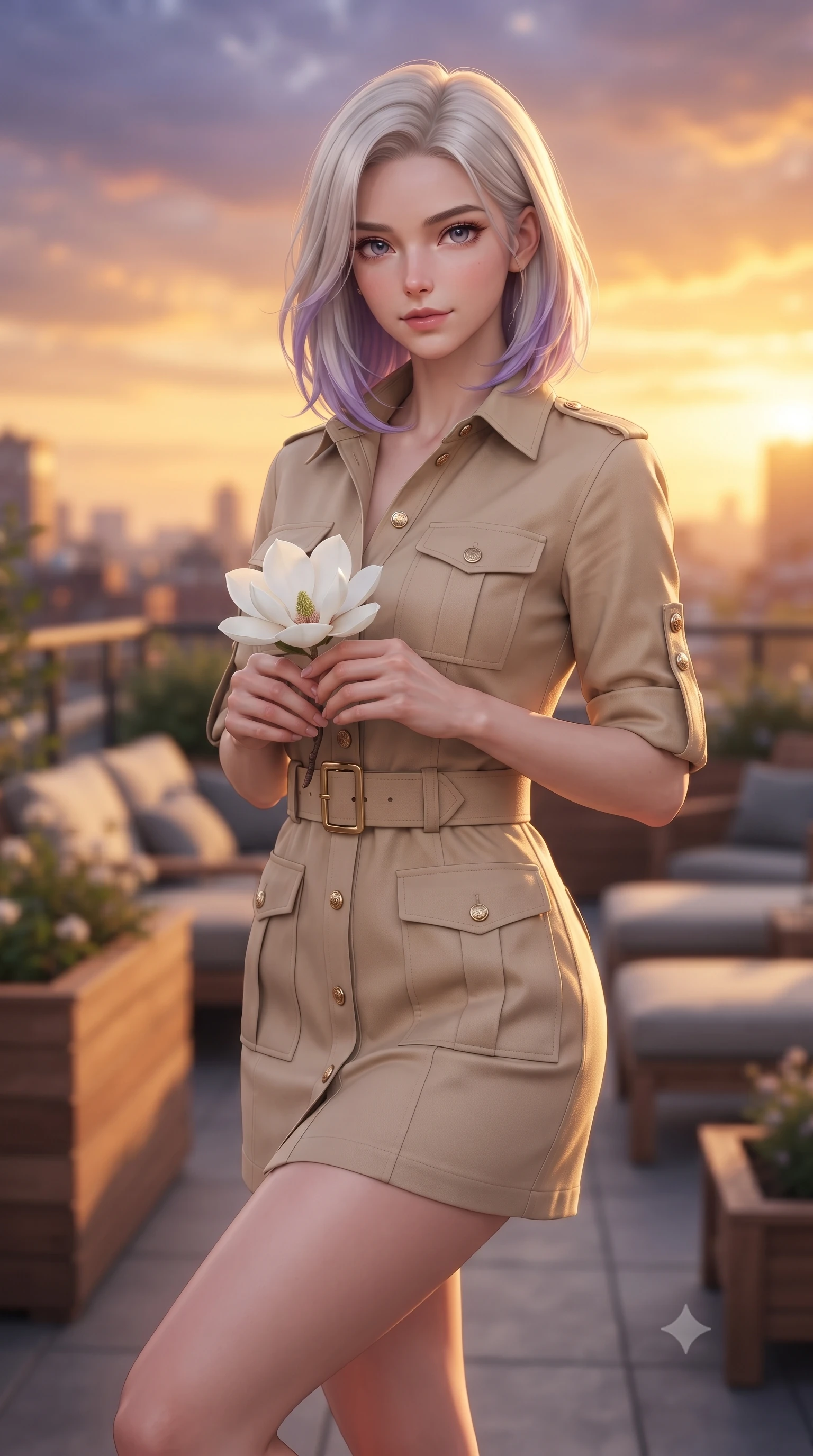 score_9, masterpiece, best quality, ultra-detailed, high-budget anime keyframe, editorial fashion photography, tasteful artistic composition, Caucasian woman woman. close-up cowboy shot from the waist and thighs up, the character dominates the composition, filling the frame with her large presence, background elements kept in soft focus. gazing directly at the viewer with a calm and welcoming expression, holding a fresh flower the background shows a soft-focus a rooftop terrace filled with wooden planters, comfortable lounge chairs, and city views. She has an exceptionally elegant, slender, and willowy female figure with an ultra-slim waist, a gracefully sculpted slender torso, and a refined silhouette. sharp v-shaped jawline, high-bridge nose, intricate jewel-like eyes with depth, thick eyelashes, glossy lips with a natural sheen. wearing a tailored tailored safari shirt dress in sand-colored cotton with a structured collar and waist belt. warm golden sunset light painting the urban sky in orange and violet. ultra-reflective glossy finish, specular highlights, metallic sheen, high-contrast stereoscopic depth, volumetric dynamic lighting, 2k, ultra detail, master piece, 9:16 ratio