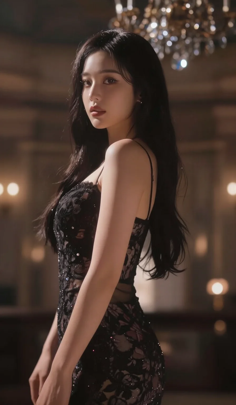score_9, masterpiece, best quality, ultra-detailed, semi-realistic high-budget anime keyframe, (1view, solo, single person:1.5), an incredibly beautiful korean woman. Medium shot of upper body. She is a high-society vampire queen in a moonlit ballroom. (Tall stature, elegant proportions, slender silhouette:1.2). Her face is a masterpiece with porcelain skin and ruby eyes. She is wearing a high-cut black lace gown. Moonbeams and crystal chandeliers, radiant glowing skin, dramatic rim lighting, 2k, ultra detail, master piece, 9:16 ratio