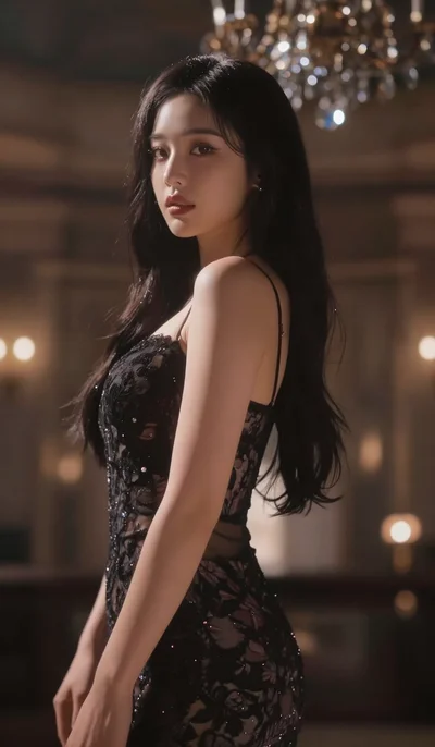 score_9, masterpiece, best quality, ultra-detailed, semi-realistic high-budget anime keyframe, (1view, solo, single person:1.5), an incredibly beautiful korean woman. Medium shot of upper body. She is a high-society vampire queen in a moonlit ballroo