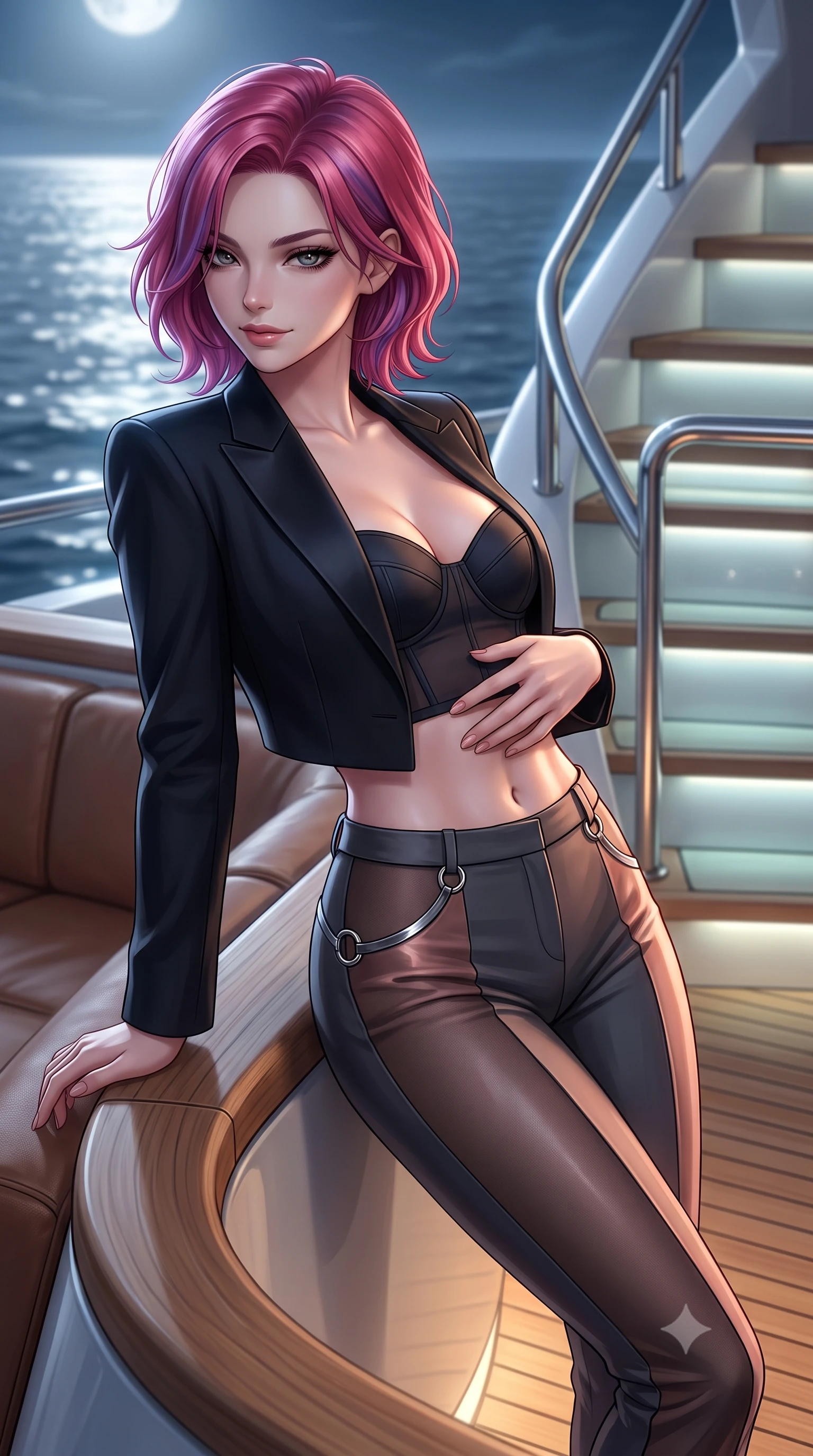 score_9, masterpiece, best quality, ultra-detailed, high-budget anime keyframe, editorial fashion photography, tasteful artistic composition, Caucasian woman. close-up cowboy shot from the waist and thighs up, the character dominates the composition, filling the frame with her large presence. leaning back against the leather lounge with relaxed seductive grace, one hand resting on her flat midriff as her narrow waist and curvy hips command the frame while standing at the curved teak stern railing with hips cocked back, looking back over a bare shoulder as silver moonlight shimmers on the open sea. The composition keeps background elements in soft focus with dreamy creamy bokeh. sleek yacht chrome handrails and backlit frosted glass steps softened in high-seas luxury shallow focus. She has an exceptionally elegant, slender, and willowy female figure with an ultra-slim waist, flat toned midriff, narrow ribcage, and sculpted feminine hips creating an alluring, slim hourglass silhouette without bulk. sharp v-shaped jawline, high-bridge nose, intricate jewel-like dark sparkling eyes with dangerous depth, thick curled eyelashes, glossy parted lips with a rich wine sheen, smoldering seductive half-smile with bedroom-eyes, exuding effortless superiority and intoxicating dark allure, flawlessly proportioned anatomical accuracy, strict slender model proportions, natural body alignment, perfectly sculpted long slender limbs, ultra-slim waistline, clean dynamic posture without body distortion. wearing a tailored cropped midnight-black tuxedo blazer worn over a structured bustier top and high-waisted cigarette trousers in smoky charcoal slate and molten rose gold, made of semi-opaque dark contouring mesh clinging like a second skin, accented with sculptural chrome hardware rings framing the subtle cutouts, the form-contouring cut accentuating her sculpted flat midriff, narrow delicate ribcage, and gracefully curvy hips with sovereign high-fashion precision. bathed in cold silver moonlight from above and warm low-level teak deck LED wash. ultra-reflective glossy finish, specular highlights, rich textural contrasts, high-contrast stereoscopic depth, volumetric dynamic lighting, 2k, ultra detail, master piece, 9:16 ratio
