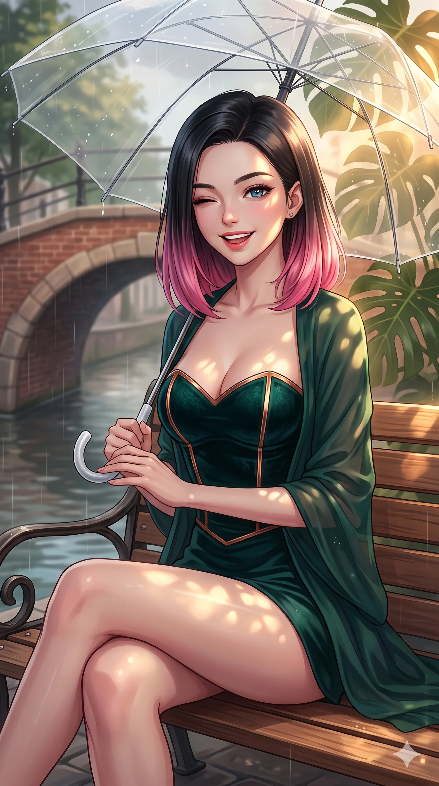 score_9, masterpiece, best quality, ultra-detailed, high-budget anime keyframe, vibrant anime aesthetic, Korean woman. close-up cowboy shot from the waist and thighs up, the character dominates the composition, filling the frame with her large presence, background elements kept in soft focus. She is sitting on a vintage bench, winking with a playful and bright expression, her eyes shining with genuine joy with a lively, expressive stance. the background shows a soft-focus vintage brick arch bridge over a quiet canal, under a clear umbrella during a soft drizzle (Code-P22-160). She has an absolutely perfect proportion, an exceptionally elegant and slender female figure with an ultra-slim waist. V-shaped jawline, high-bridge nose, intricate jewel-like eyes with depth, thick eyelashes, glossy lips with a natural sheen. wearing a structured velvet bodice with a sweetheart neckline combined with a delicate wrap in dark emerald and copper details. She is drenched in warm, golden afternoon sunbeams filtering through dense green monstera leaves, creating a cinematic, high-budget anime lighting effect inside the retro conservatory cafe. 2k, ultra detail, master piece, 9:16 ratio
