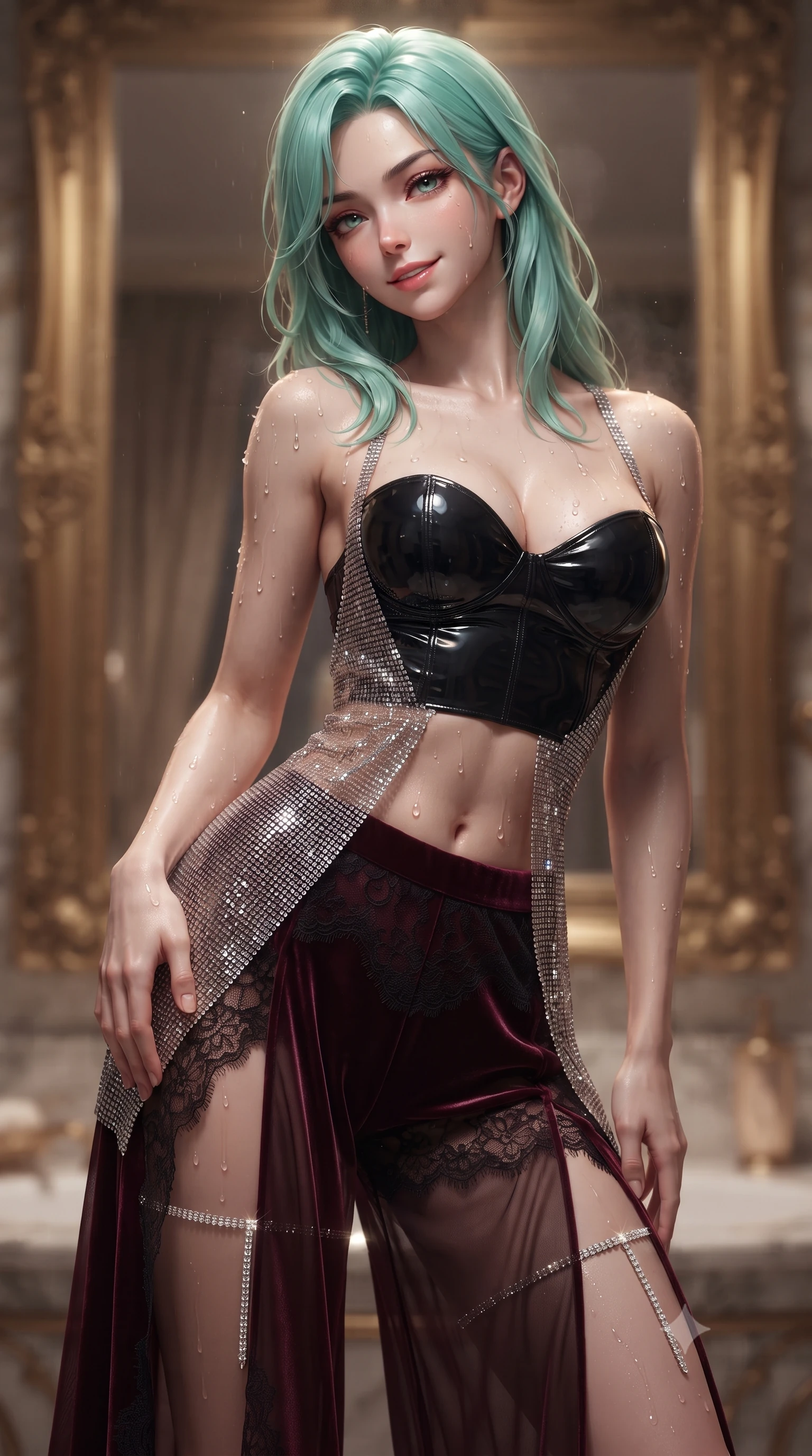 score_9, masterpiece, best quality, ultra-detailed, high-budget anime keyframe, editorial fashion photography, tasteful artistic composition, Japanese woman. close-up cowboy shot from the waist and thighs up, the character dominates the composition, filling the frame with her large presence. tilting her head with a teasing half-smile, running one hand slowly down the side of her hip in a flirtatious S-curve as ambient light caresses her silhouette while twisting her slender torso in an alluring S-curve, aromatic steam droplets beading across her sculpted bare shoulders and flat midriff. The background shows a soft-focus gilded French baroque mirror frames softened in ultra-luxury private bath shallow focus. She has an exceptionally elegant, slender, and willowy female figure with an ultra-slim waist, flat toned midriff, narrow ribcage, and sculpted feminine hips creating an alluring, slim hourglass silhouette without bulk. sharp v-shaped jawline, high-bridge nose, sparkling eyes with hypnotic seductive depth, thick curled eyelashes, glossy parted lips with a natural dewy peach sheen, alluring bedroom-eyes with an enchanting coquettish smile, exuding magnetic siren charisma and sophisticated glamour, flawlessly proportioned anatomical accuracy, strict slender model proportions, natural body alignment, perfectly sculpted long slender limbs, ultra-slim waistline, clean dynamic posture without body distortion. wearing a wet-look form-fitting vinyl bustier paired with sheer chiffon high-slit wide-leg trousers in deep bordeaux velvet and delicate black chantilly, crafted from shimmering fluid chainmail mesh reflecting ambient lights, finished with delicate crystal-encrusted thigh garter straps glinting in the dim light, the form-contouring silhouette accentuating her sculpted flat midriff, narrow delicate ribcage, and gracefully curvy hips with intoxicating allure. illuminated by bathwater reflection caustics and sharp warm-gold rim lights defining her razor-sharp jawline, narrow waist, and curvy hips. ultra-reflective glossy finish, specular highlights, rich textural contrasts, high-contrast stereoscopic depth, volumetric dynamic lighting, 2k, ultra detail, master piece, 9:16 ratio