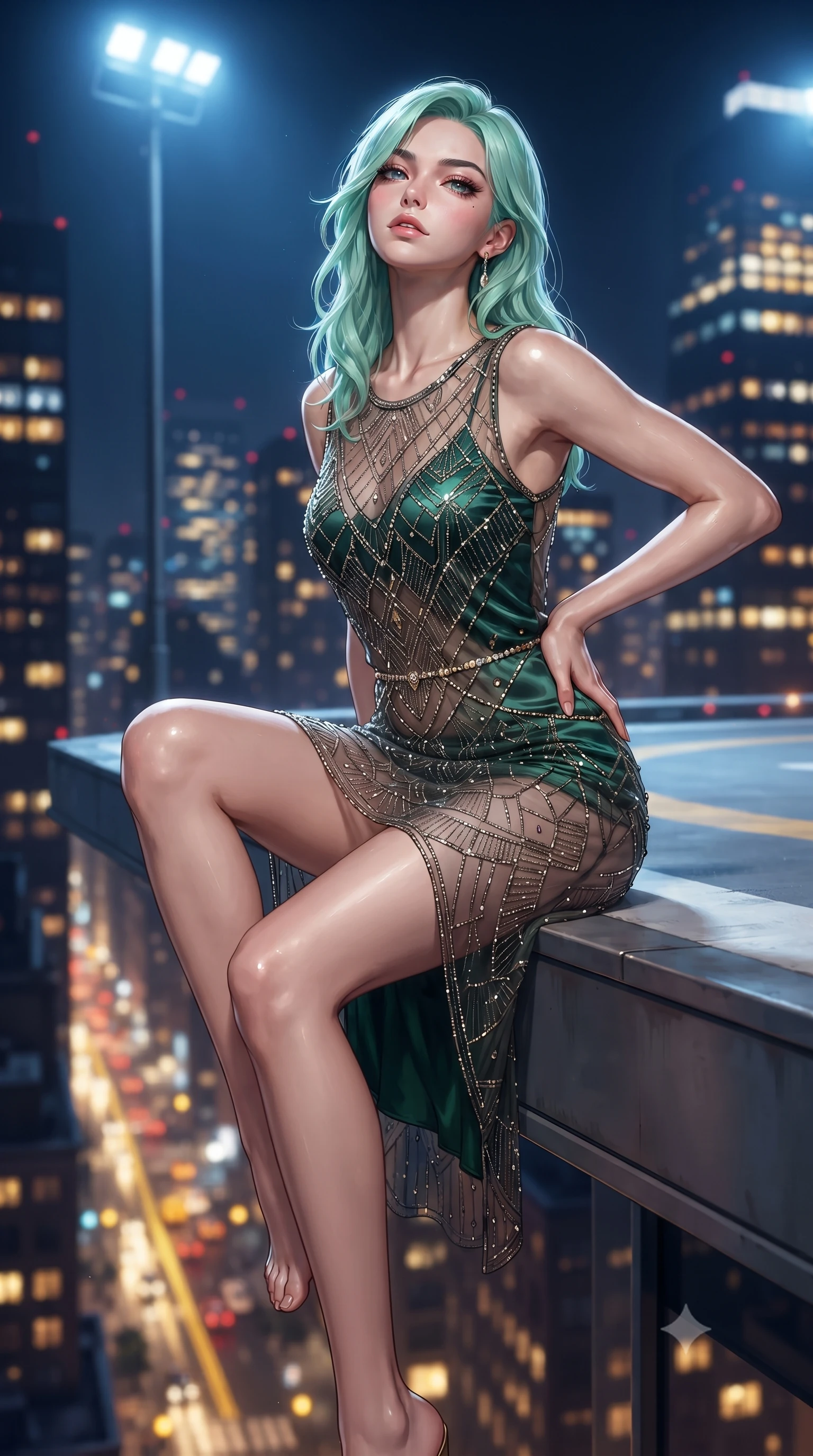 score_9, masterpiece, best quality, ultra-detailed, high-budget anime keyframe, editorial fashion photography, tasteful artistic composition, Japanese woman. close-up cowboy shot from the waist and thighs up, the character dominates the composition, filling the frame with her large presence. tilting her chin up with proud, sovereign allure while gazing through thick eyelashes, one hand resting on her waist in pure supermodel charisma while sitting perched on the raised helipad edge with one knee drawn up and long legs angled down, her narrow waist and curved hips sculpted by wind. The composition keeps background elements in soft focus with creamy bokeh. thousands of glowing Manhattan skyscraper windows and yellow cab light trails blurred into sapphire, amber, and ruby bokeh. She has an exceptionally elegant, slender, and willowy female figure with an ultra-slim waist, flat toned midriff, narrow ribcage, and sculpted feminine hips creating an alluring, slim hourglass silhouette without bulk. sharp v-shaped jawline, high-bridge nose, intricate jewel-like eyes with depth, thick eyelashes, glossy parted lips with a natural sheen, intensely captivating and seductive bedroom-eyes expression, flawlessly proportioned anatomical accuracy, strict slender model proportions, natural body alignment, perfectly sculpted long slender limbs, ultra-slim waistline, clean dynamic posture without body distortion. wearing a sheer vintage mesh flapper dress adorned with intricate geometric beadwork over an opaque silk slip in deep emerald green satin and gold hardware, woven from layered gossamer chiffon with a weightless sweeping drape, accented with a dainty diamond waist chain catching the ambient light reflections, the liquid-tight tailored fabric clinging flawlessly to her narrow waist and rounded feminine hips, emphasizing every millimeter of her sculpted slim hourglass curves without any bulky heaviness. bathed in cool blue helipad floodlights and ambient golden metropolis glow from below. ultra-reflective glossy finish, specular highlights, rich textural contrasts, high-contrast stereoscopic depth, volumetric dynamic lighting, 2k, ultra detail, master piece, 9:16 ratio